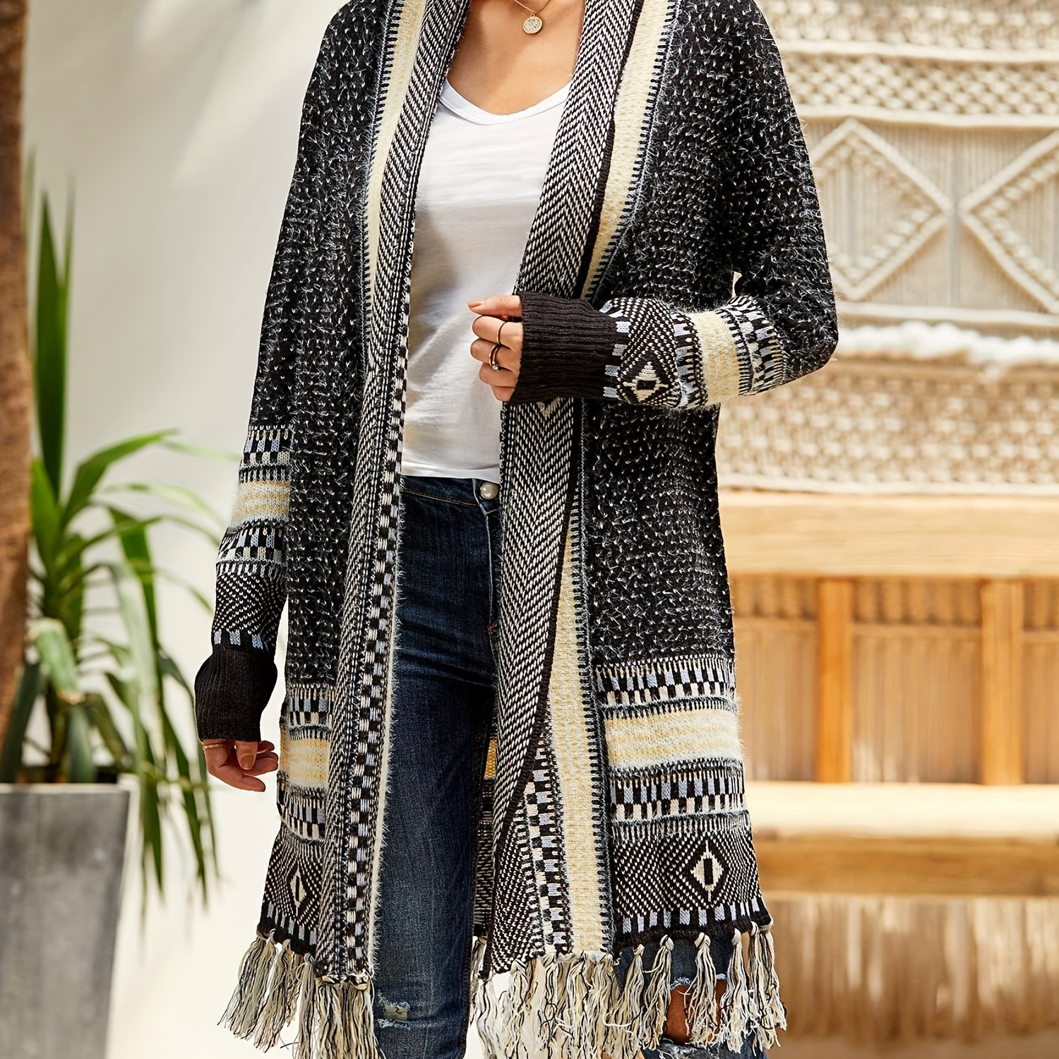 

Women Boho Cardigan Sweater Long Open Front Maxi Knit Sweaters Aztec Tribal Tassel Fringe Thin Coat