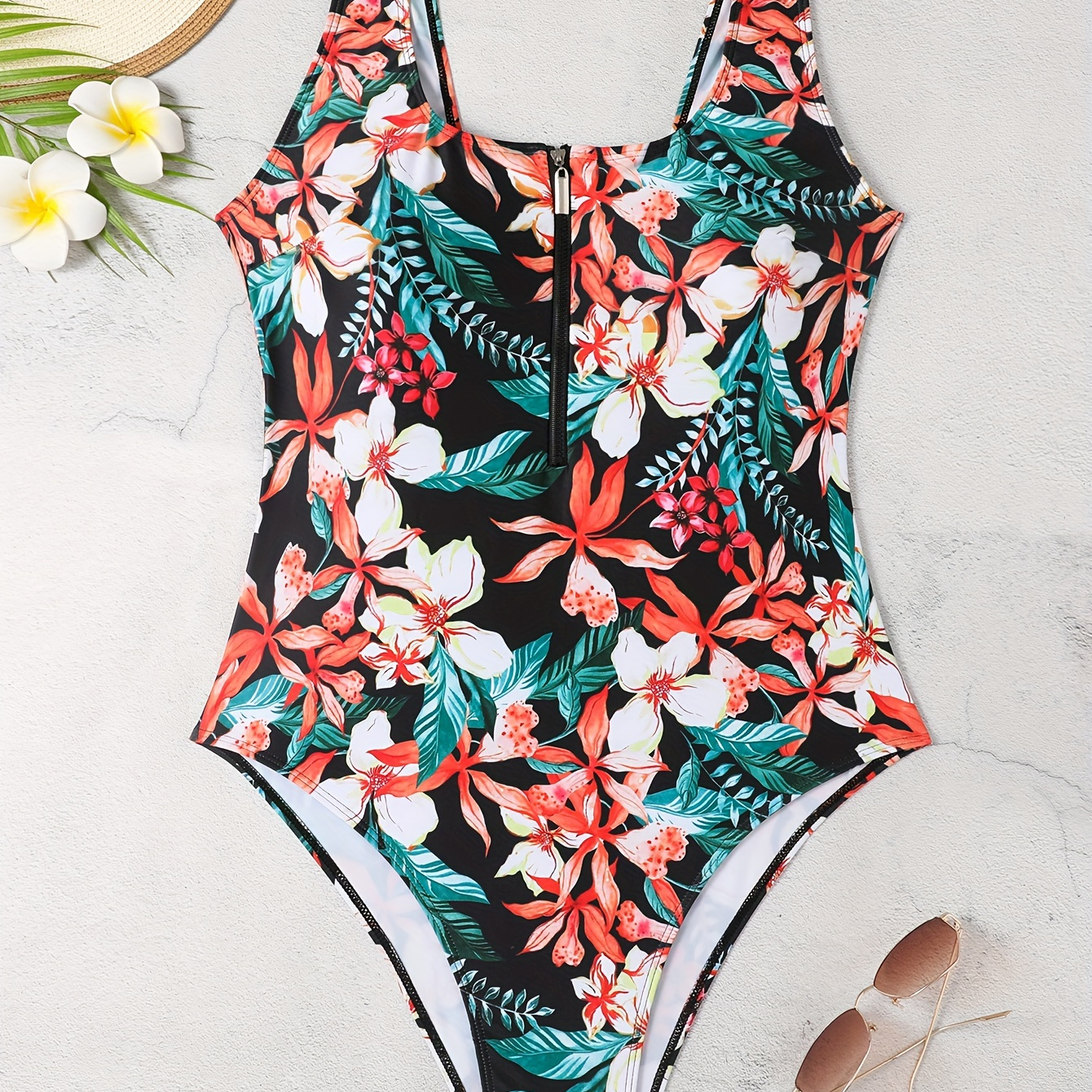 Plus Size Boho Swimsuit, Women's Plus Tropical Print Zipper Front Built-in  Bra Cups Ruched One Piece Bathing Suit - Temu New Zealand