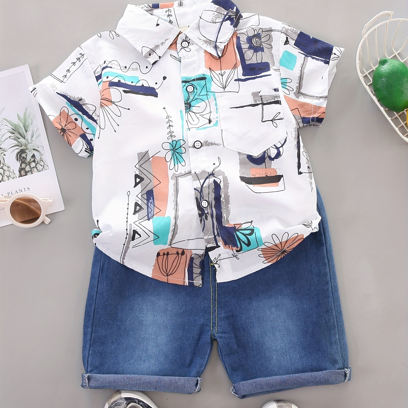 

Make Your Little Boy Look Handsome & Stylish With This Geo Pattern Lapel Shirt & Denim Shorts Set!