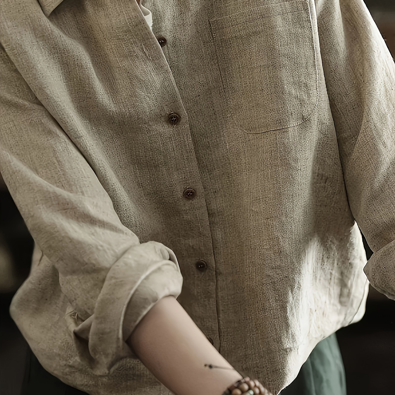 

Plain Color Button Up Linen Shirt, Casual Long Sleeve Minimalist Commuter Wear Shirt For Spring & Fall, Women's Clothing
