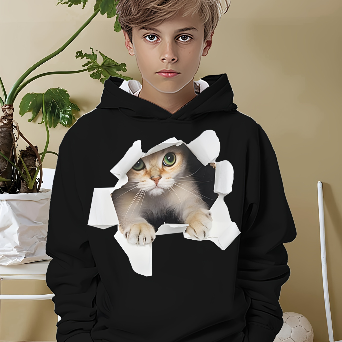 

Sweat à capuche à manches longues pour garçon avec motif de perceuse à chat mignon, sweat-shirts à capuche confortables pour et pour les activités décontractées en