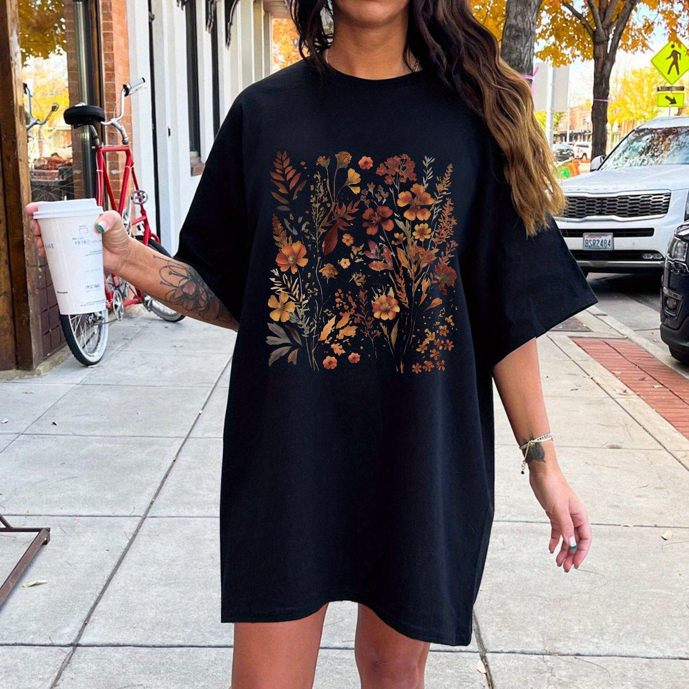 

Floral Print Crew Neck Tee Dress, Casual Short Sleeve Dress For Spring & Summer, Women's Clothing