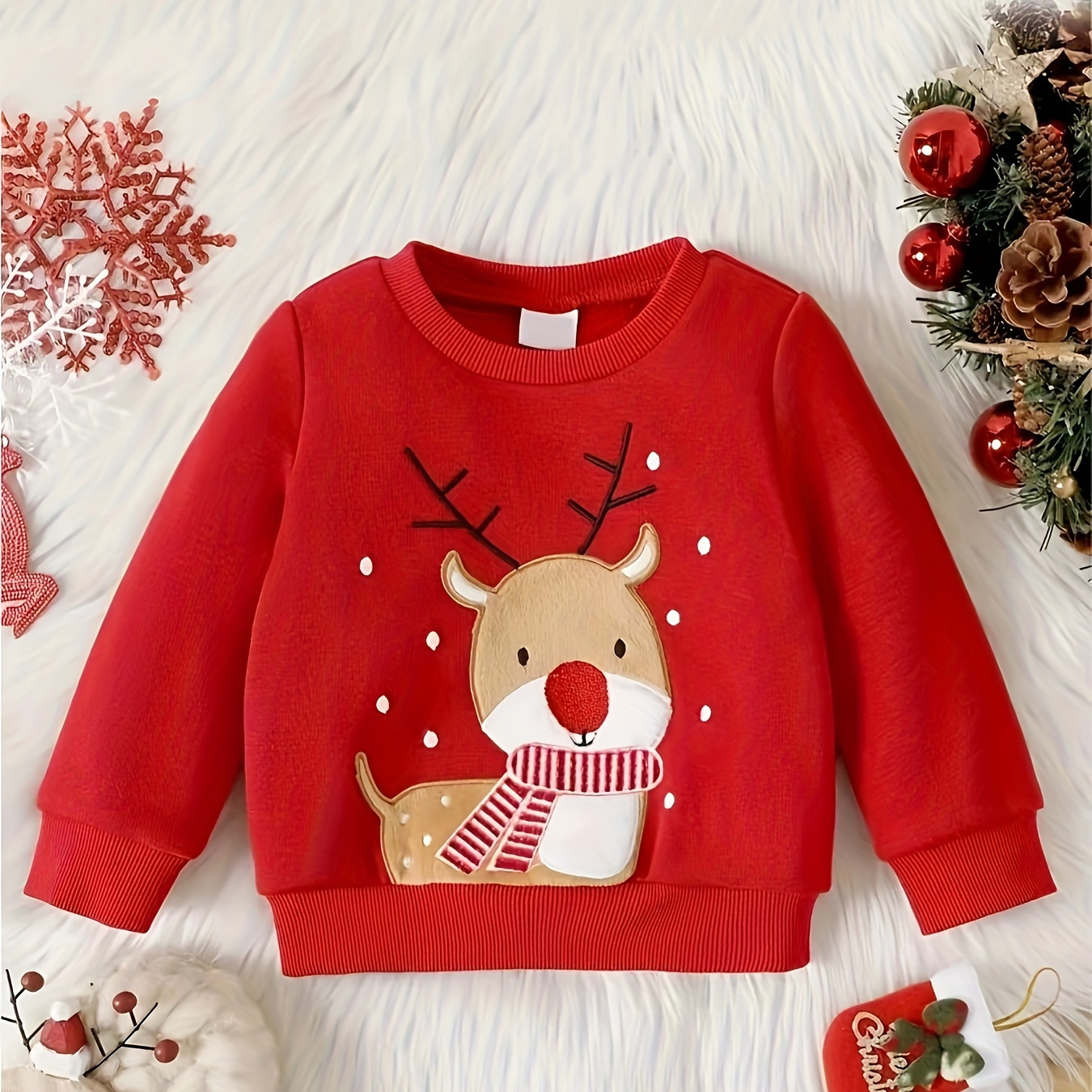 Baby Boys Cute Cartoon Christmas Deer Embroidered Fleece Sweatshirt, Kids Clothes Autumn And Winter