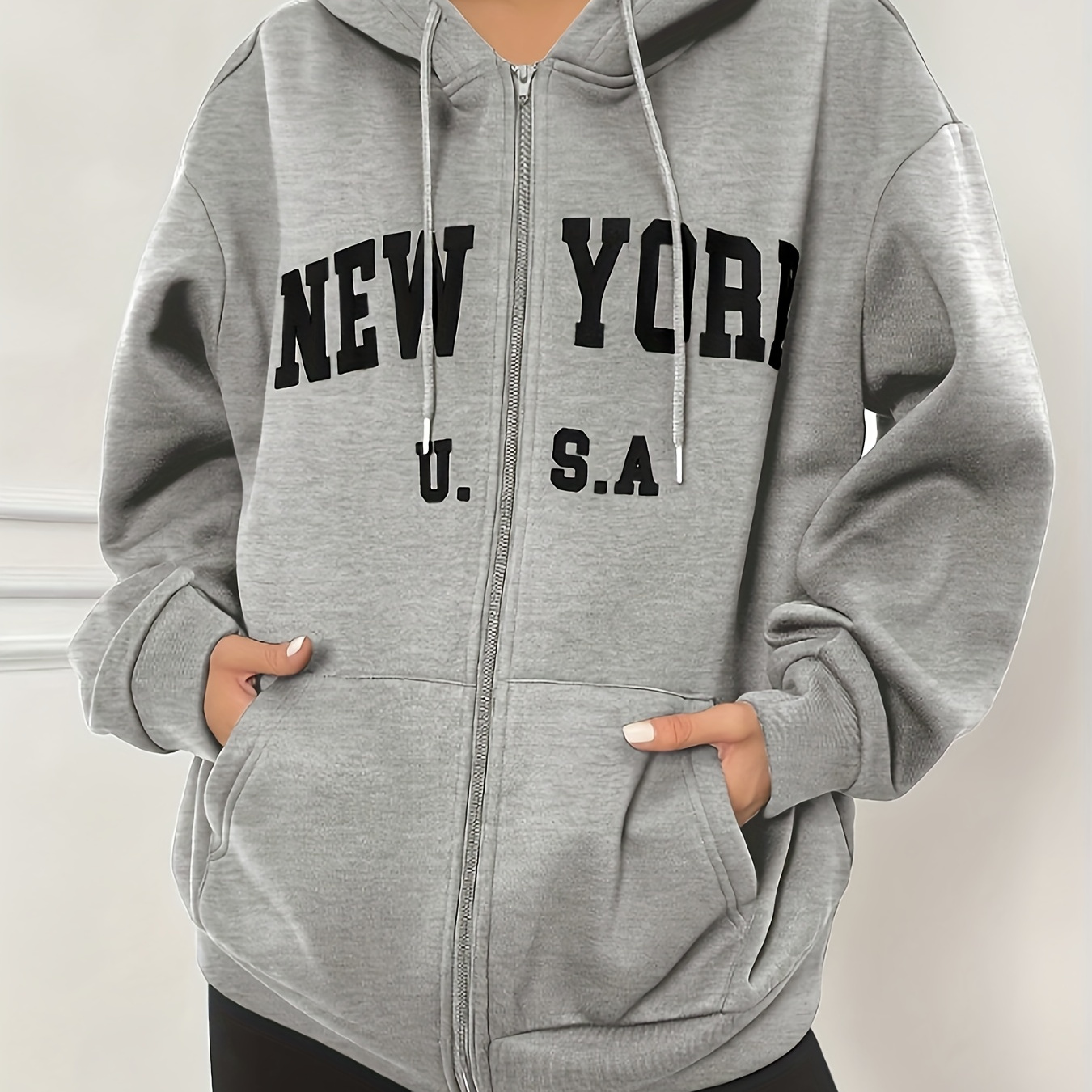 

New York Print Zip Front Hoodie, Casual Drawstring Kangaroo Pocket Long Sleeve Hooded Sweatshirt, Women's Clothing