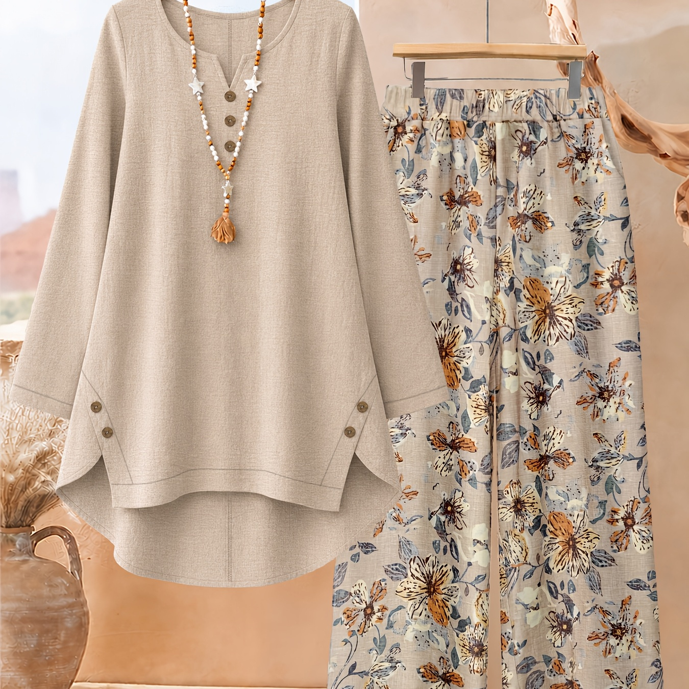 Women's Fashion Solid Color Irregular Hem Design Top with Floral Print Long Pants 2pcs Set, Casual and Versatile for Commuting