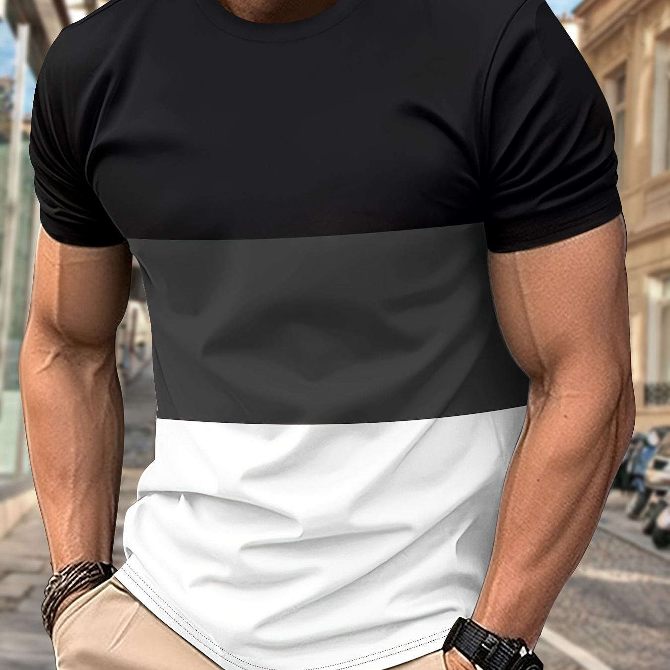 

Men's Contrast Color Stripe Pattern Crew Neck And Short Sleeve T-shirt, Casual And Chic Tops For Summer Leisurewear