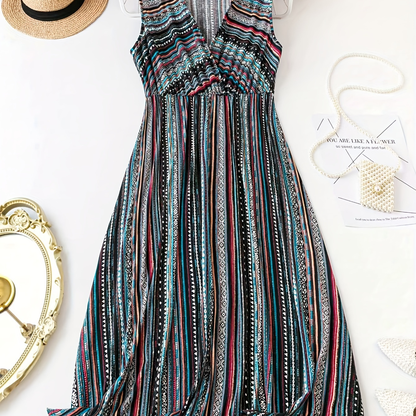 

Plus Size Stripe Print Tank Dress, Vacation V Neck Sleeveless Dress For Spring & Summer, Women's Plus Size Clothing