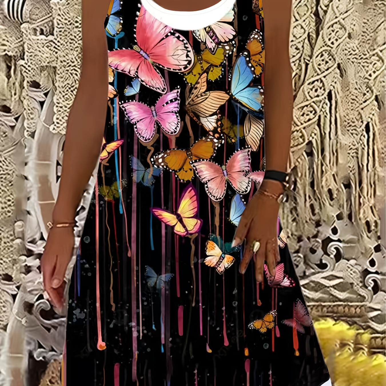 

Plus Size Butterfly Print Tank Dress, Casual Sleeveless Dress For Spring & Summer, Women's Plus Size Clothing