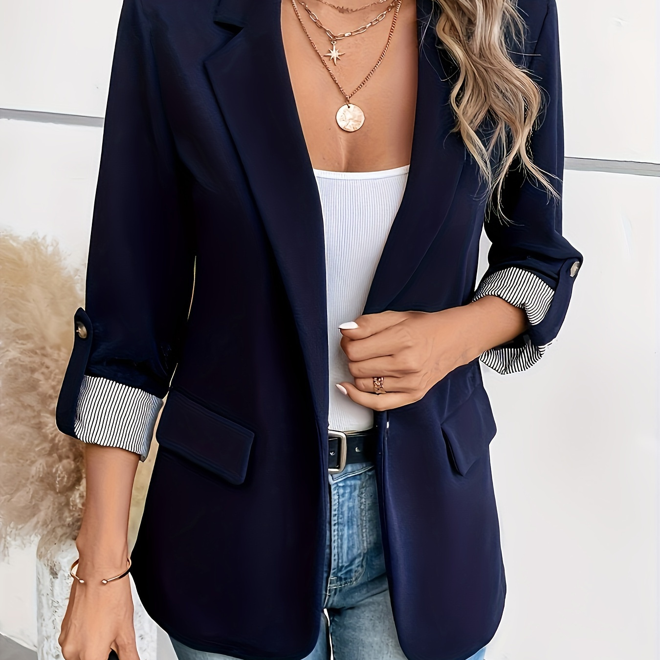 

Notched Collar Button Front Blazer, Elegant Striped Rolled Sleeve Blazer For Office & Work, Women's Clothing