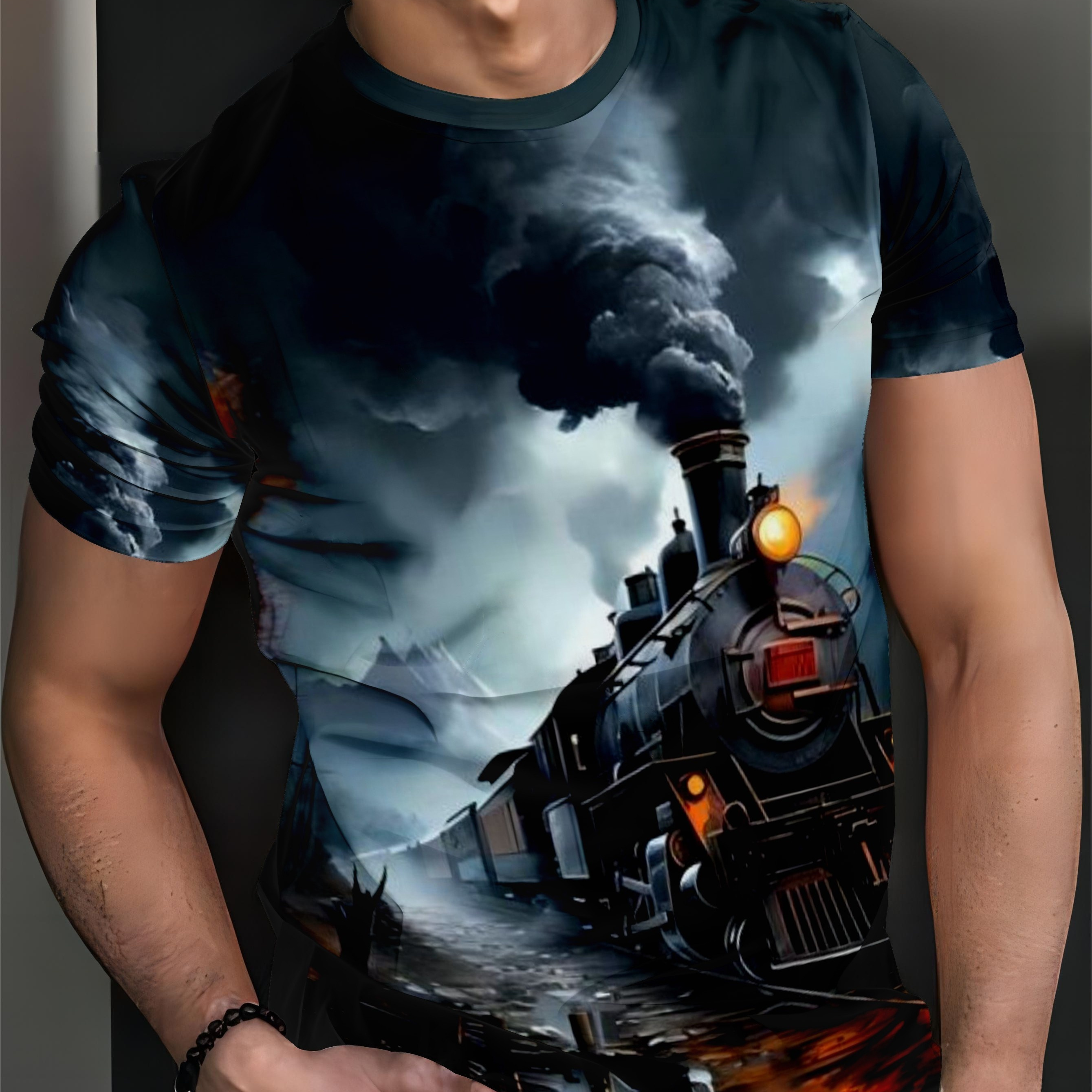 

Men's Train Graphic Print T-shirt, Short Sleeve Crew Neck Tee, Men's Clothing For Summer Outdoor