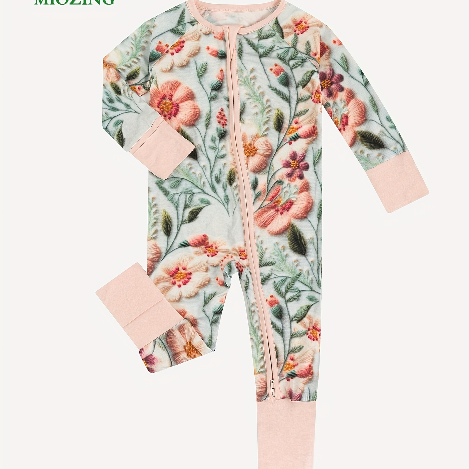 

Miozing Bamboo Fiber Bodysuit For Infants, Embroidered Floral Pattern Long Sleeve Onesie, Baby Girl's Clothing