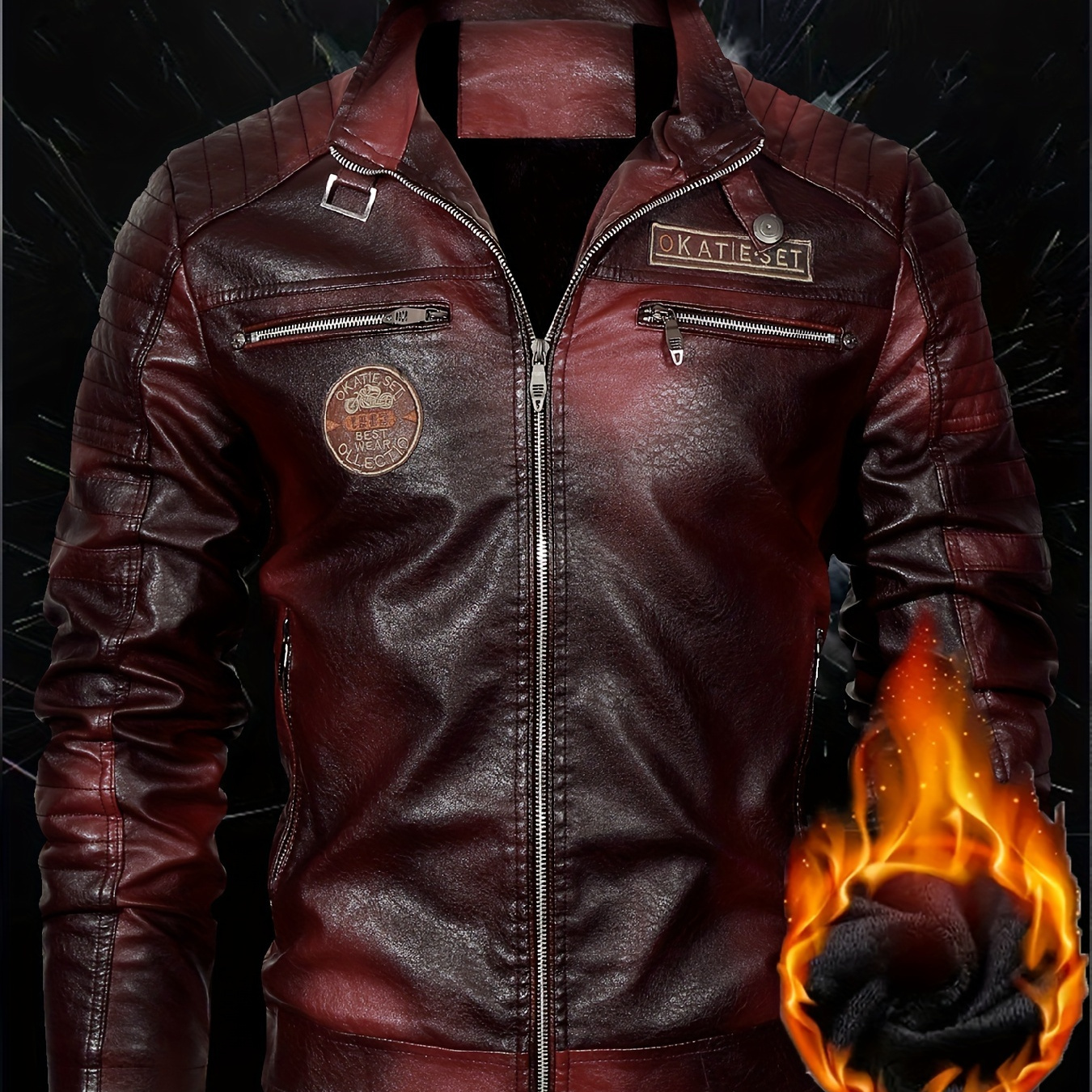 Men's Warm Fleece PU Jacket, Stand Collar Modern Faux Leather Biker Jacket For Fall Winter