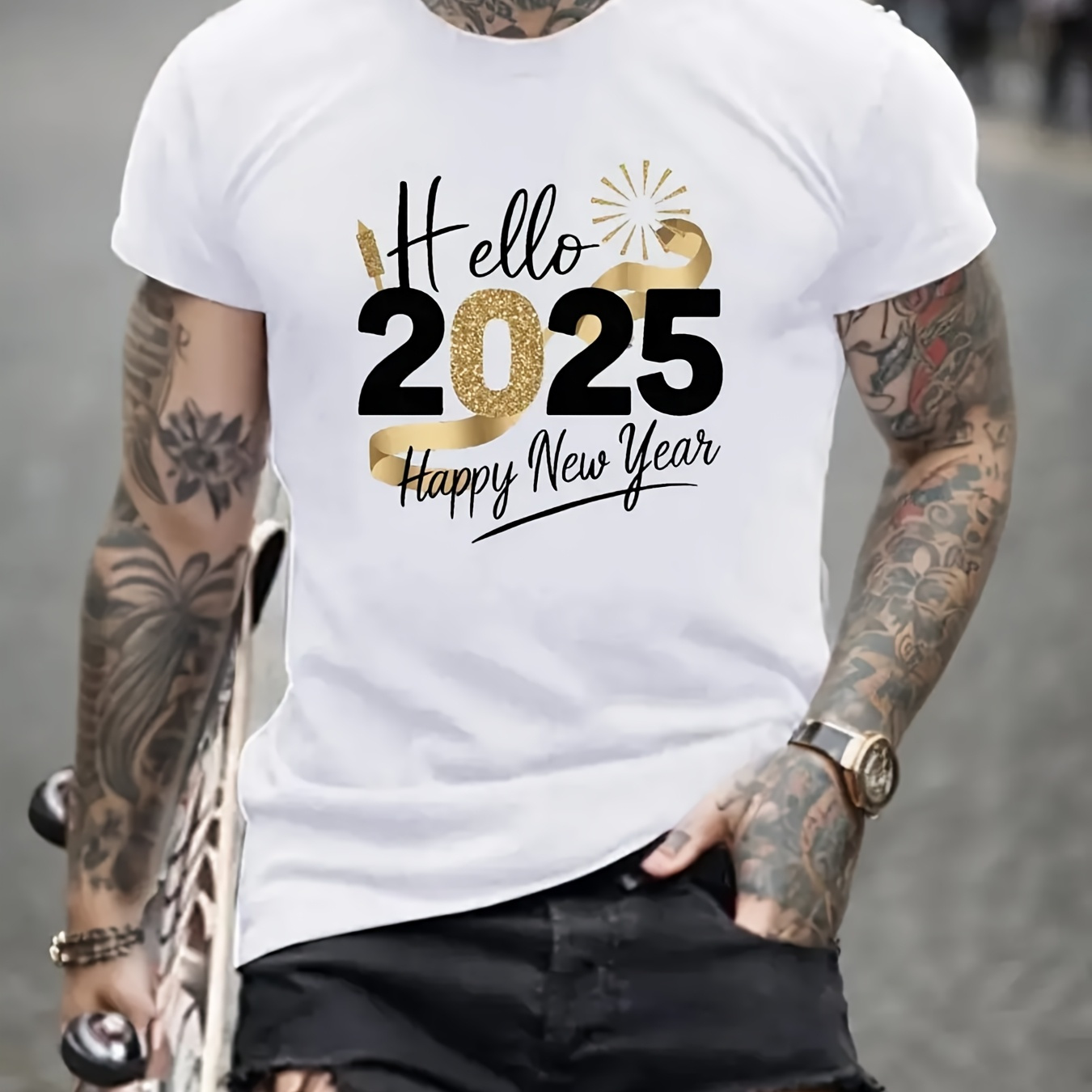 

220g Pure Cotton Printed Round Neck T-shirt "hello 2025 Happy New Year" Fireworks Printed T-shirt, Casual Short Sleeve 100% Cotton T-shirt, Round Neck, Fashionable For Adults - Great For Gifts!