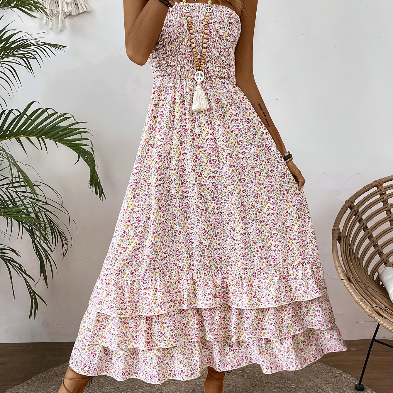 

Floral Print Shirred Bust Dress, Elegant Strapless Layered Ruffle Hem Flowy Dress For Spring & Summer, Women's Clothing