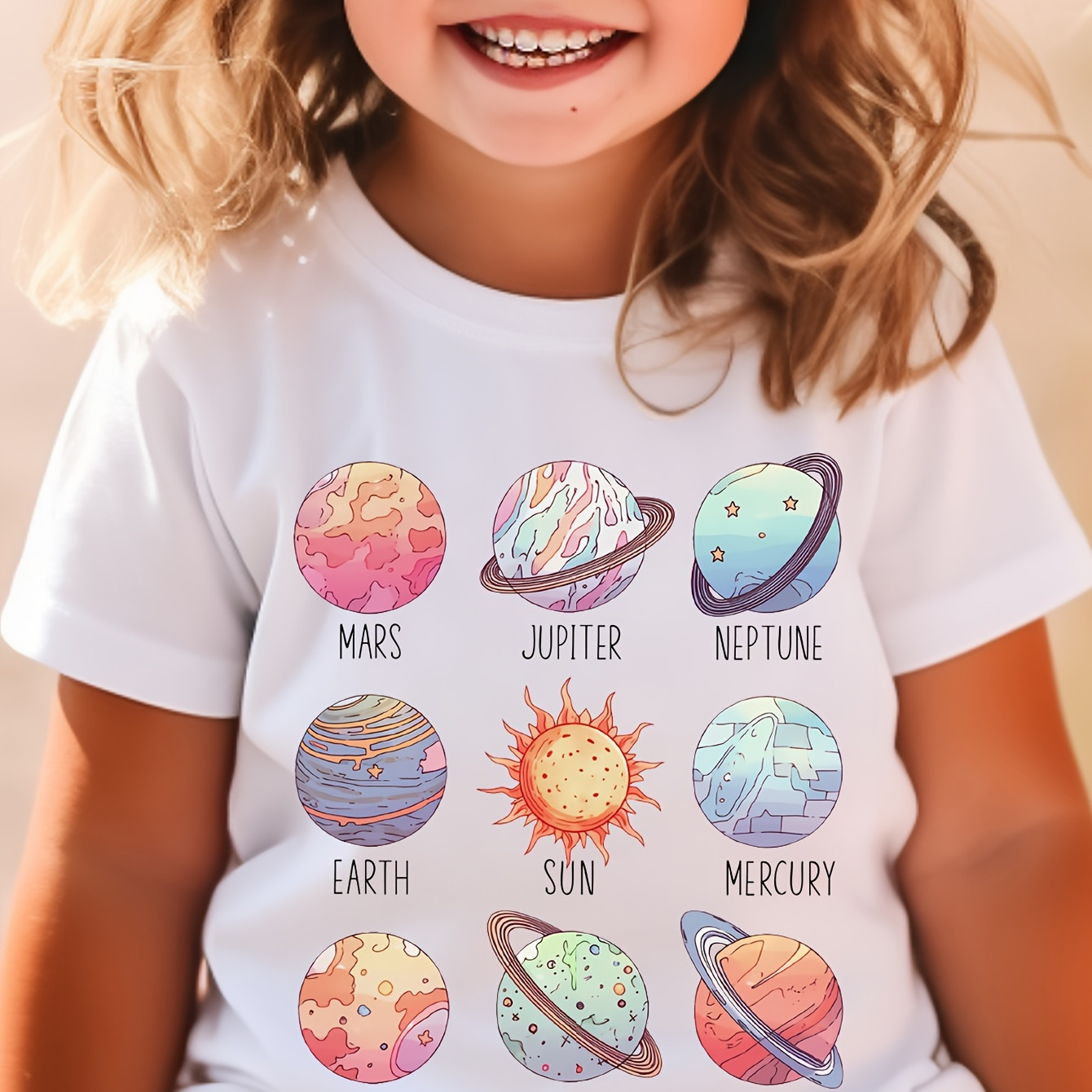 

Colorful Anime Planets Graphic Print, Girls' Casual Comfy Crew Neck Short Sleeve T-shirt For Spring And Summer, Girls' Clothes For Outdoor Activities