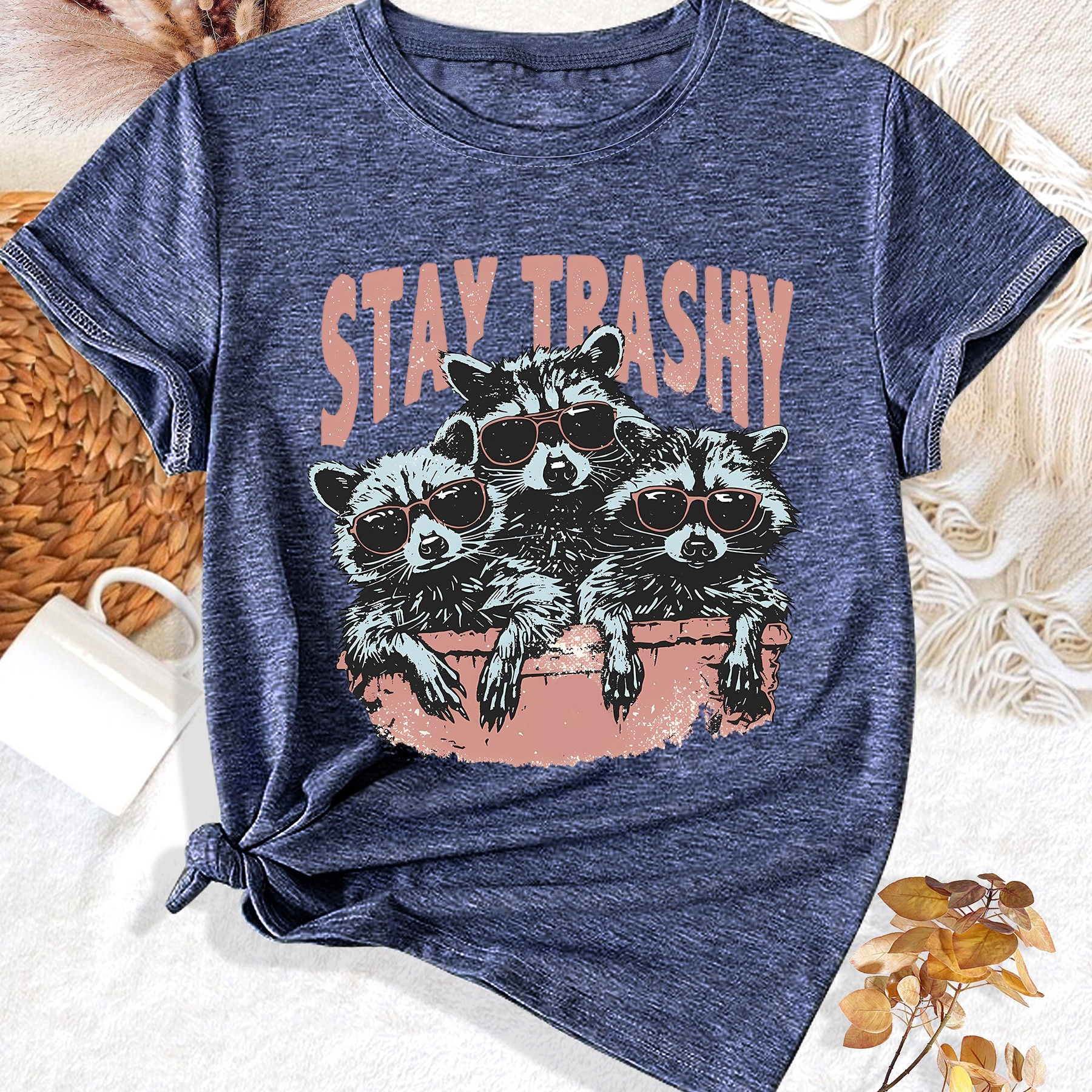 

Cute Raccoon Print Short Sleeve Crew Neck Casual T-shirt, Women's Sporty Top For Fitness & Leisure Wear