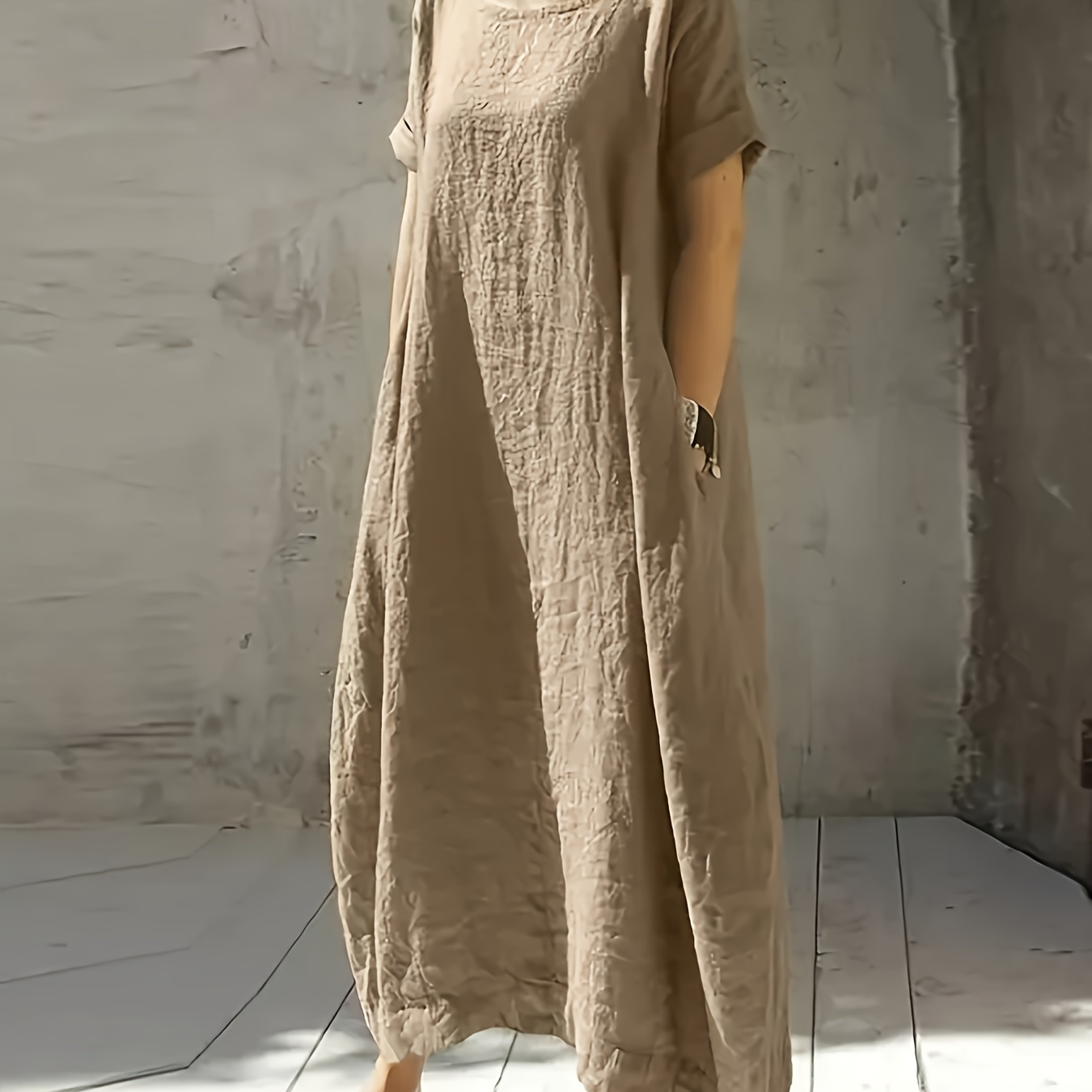 

Elegant Beige Midi Dress For Women - Casual Short Sleeve, Round Neck With Pockets, Lightweight Linen-polyester Blend, Spring/summer