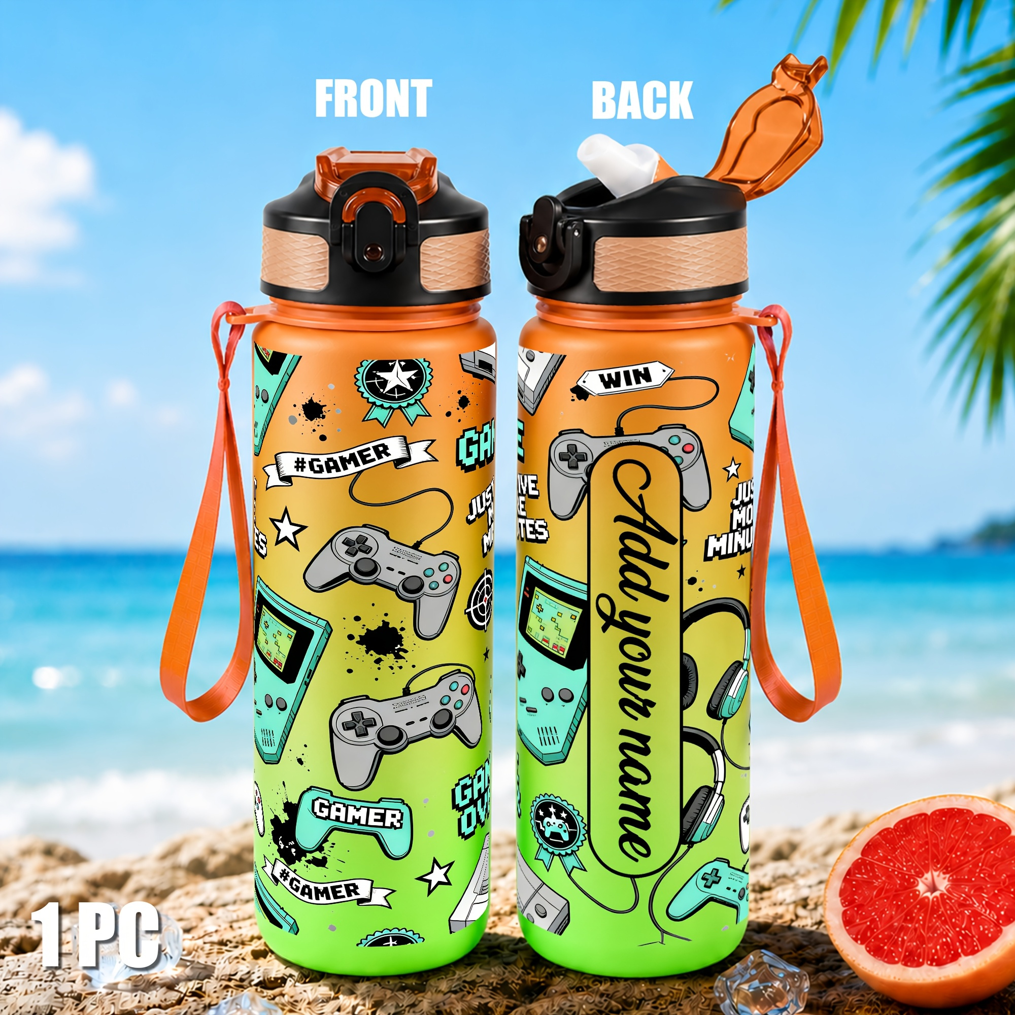 TEMU 1pc, Personalized 32oz/1000ml Gaming Themed Custom Name Water Bottle, Leak Proof Plastic Sports Bottle, Ideal Personalized Gift For Gamers, ,