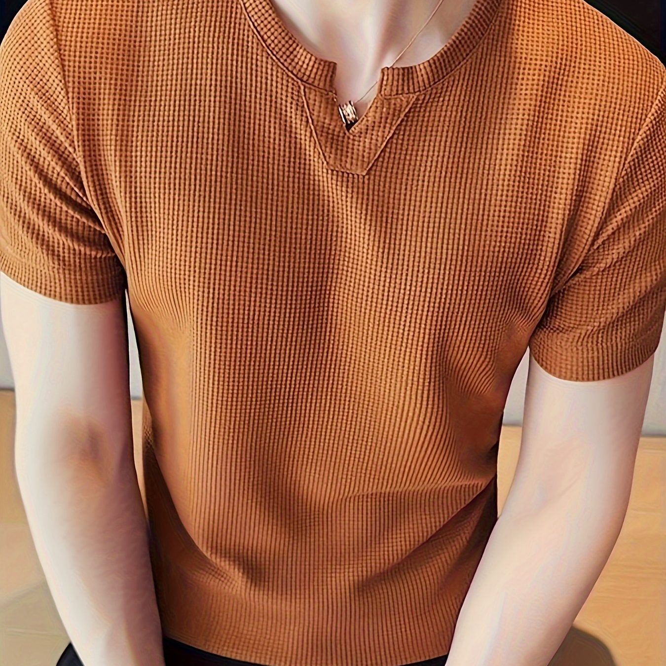 

Solid Waffle Knit T-shirt With Crew Neck And Short Sleeve, Casual And Chic Tops For Men's Summer Outdoors Activities