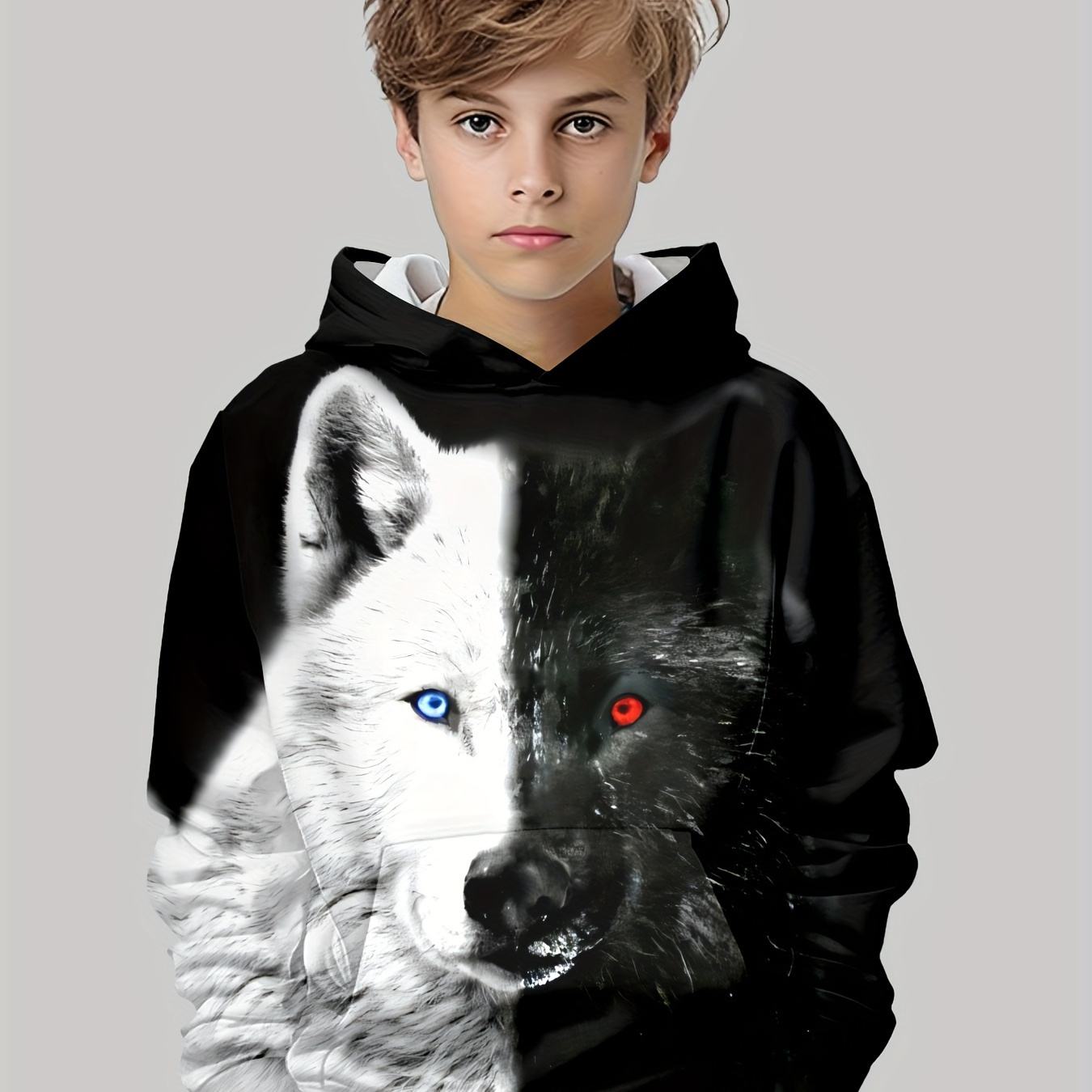 

Colorblock Wolf 3d Print Boys Long Sleeve Hoodie, Stay Stylish And Cozy Sweatshirt - Perfect Spring Fall Essential For Your Fashionista!