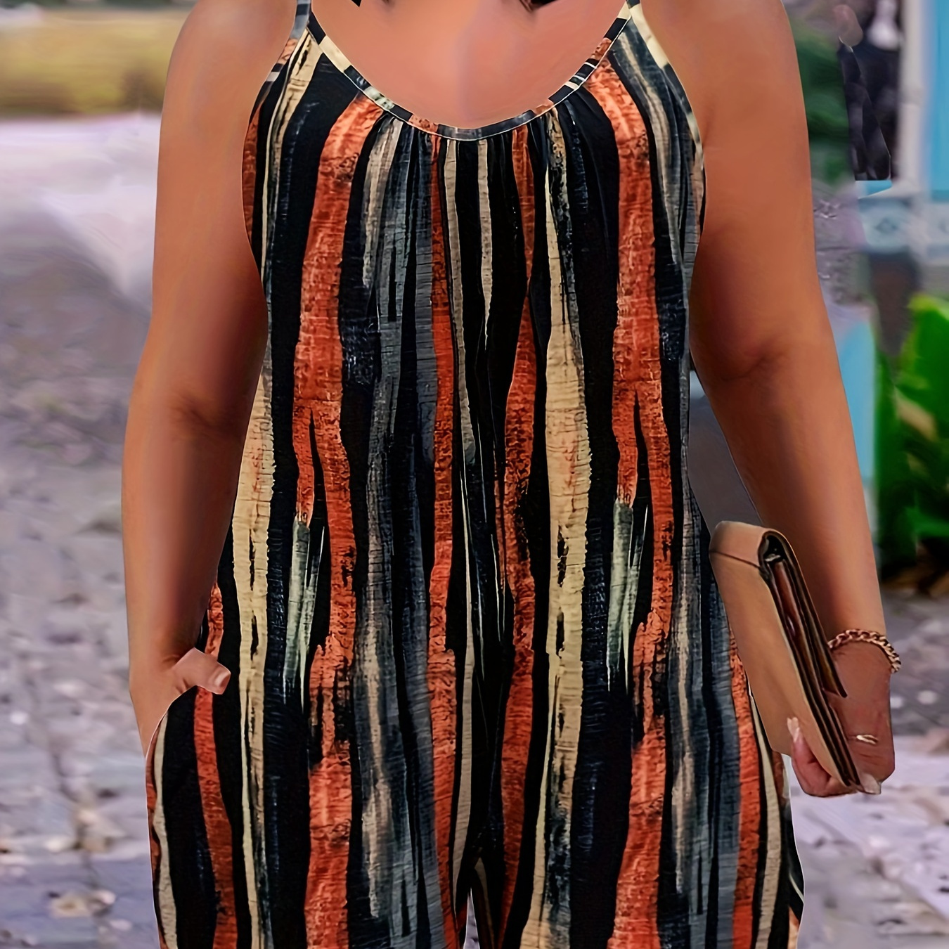 

Plus Size Striped Print Slip Romper, Casual Ruched Sleeveless Pockets Romper, Women's Plus Size clothing