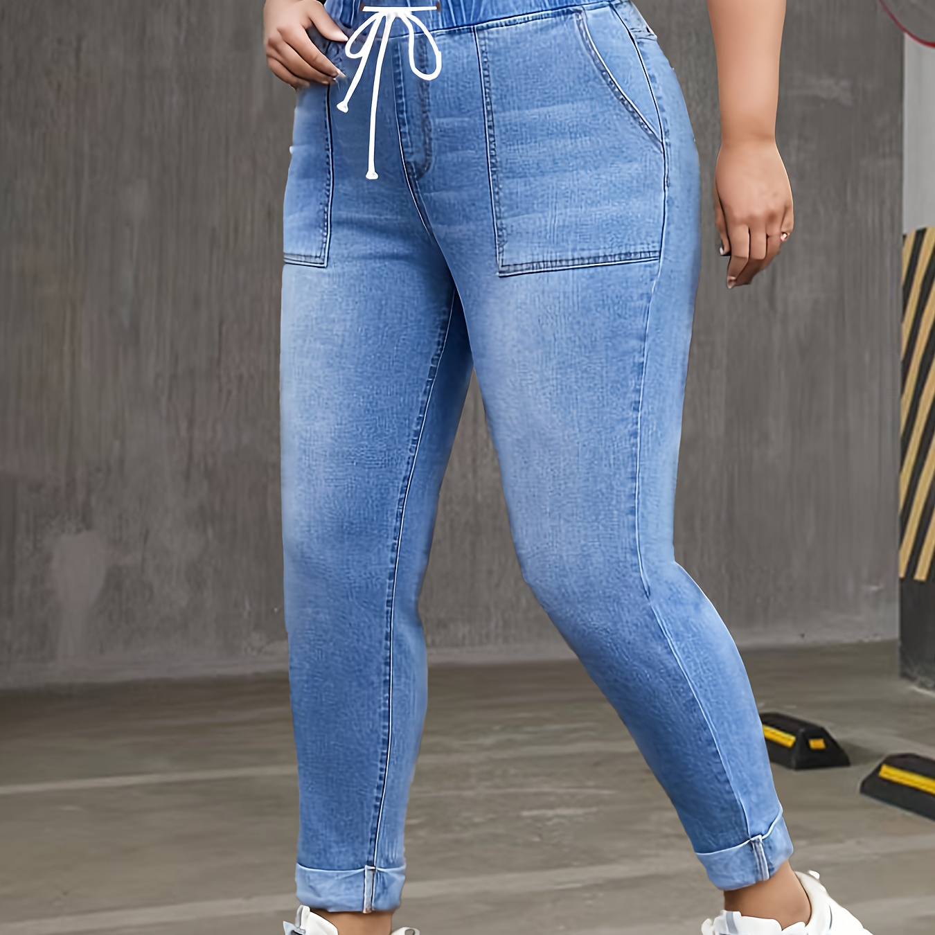 

Plus Size High-waisted Denim Jeans, Long Length, Stretchy Slim Fit, Elegant Style, Solid Color, Drawstring Detail, Denim Fabric, All-season Wear