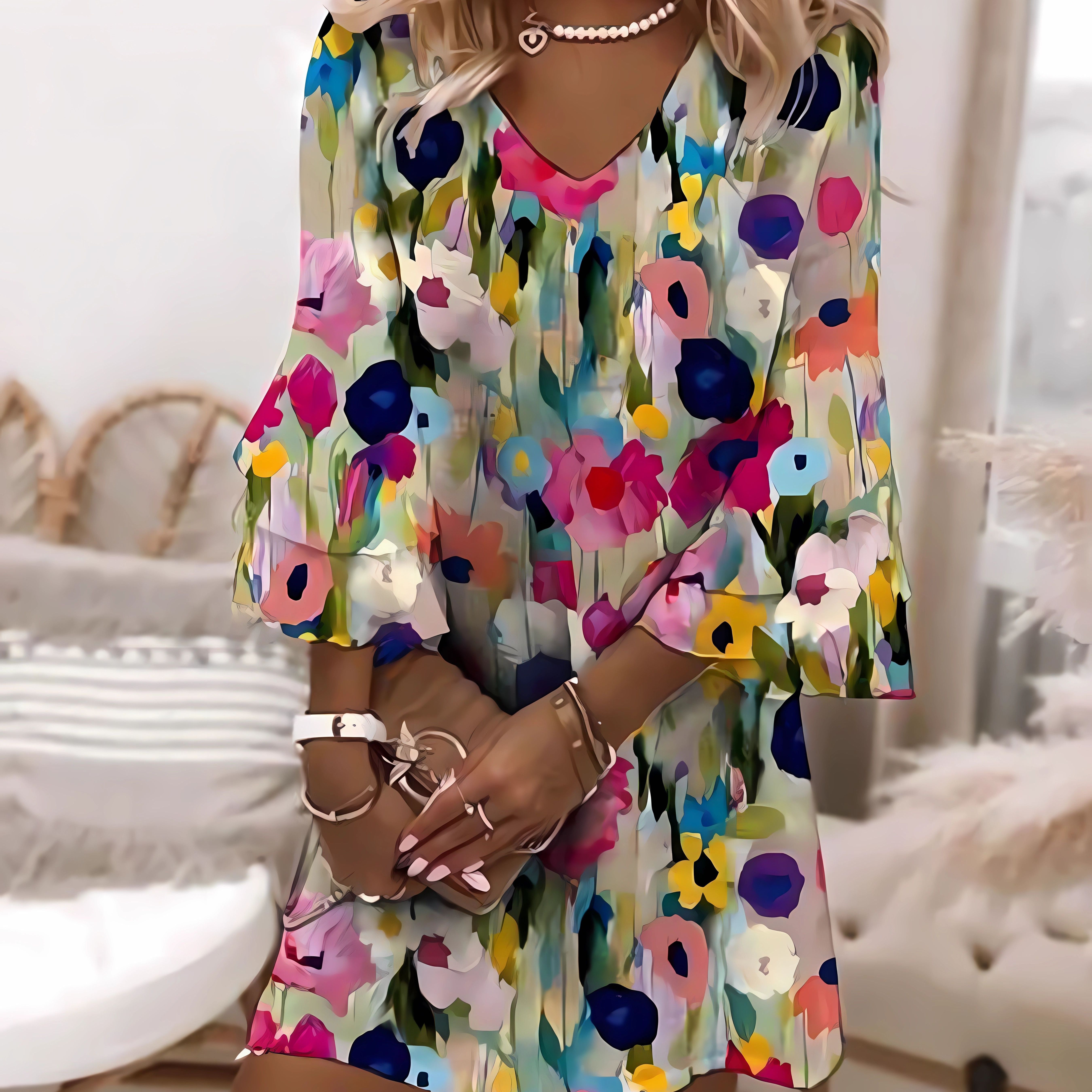 

Floral Print V-neck Loose Dress, Elegant Layered Flare Sleeve Dress For Spring & Fall, Women's Clothing