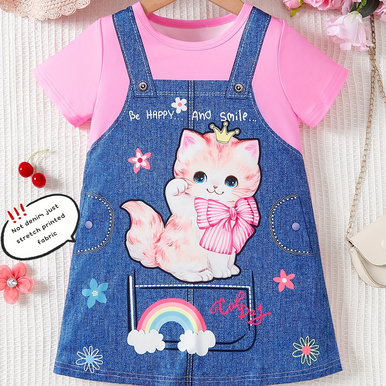 

Girls Imitation Denim Print Cute Short Sleeve Dress Spring Summer Clothes Gift