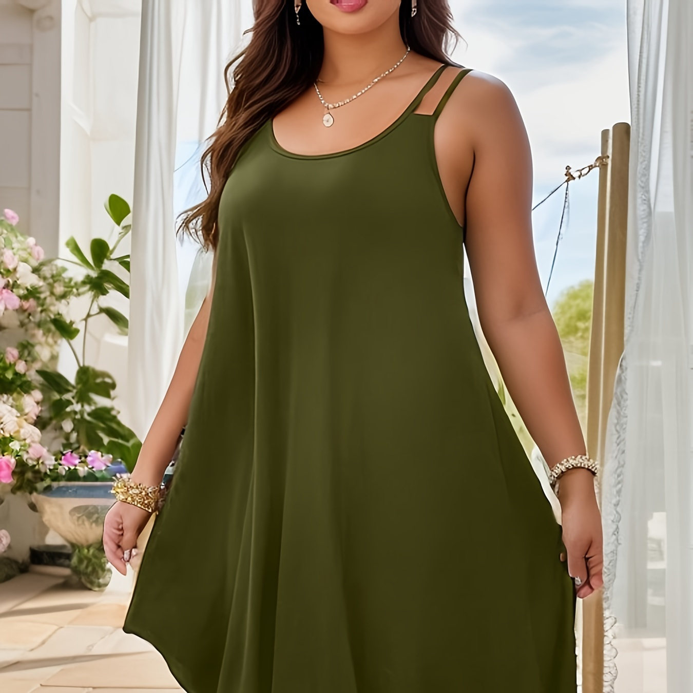 

Plus Size Solid Irregular Hem Cami Dress, Casual Sleeveless Dress For Spring & Summer, Women's Plus Size Clothing