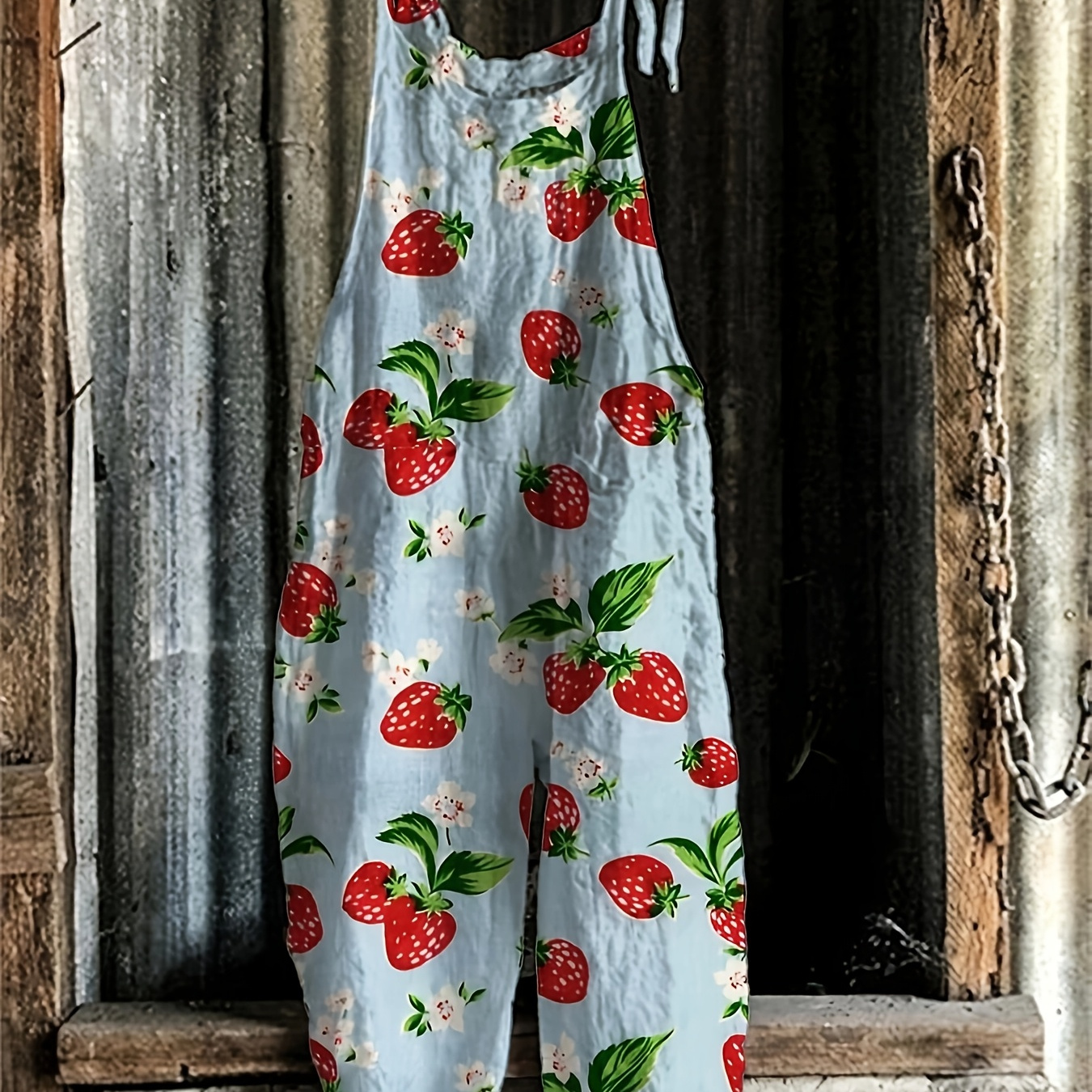 

Women's Cute Strawberry Print Overalls, Polyester 95% Elastane 5%, Knit Fabric, Spaghetti Strap With Bow Detail, Fruit & Vegetable Pattern, Spring/summer/fall Fashion