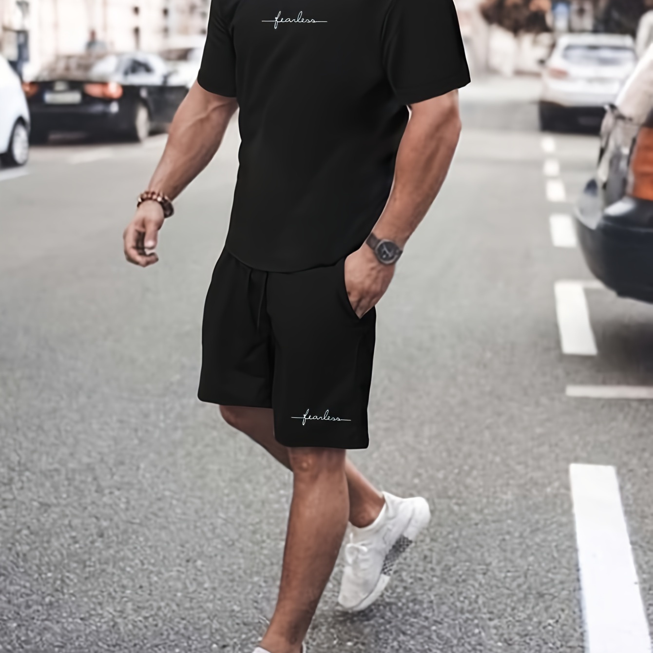 

Men's Letter Print 2 Piece Set, Short Sleeve T-shirt & Drawstring Shorts, Summer Trendy Casual Comfy Sweatsuits For Outdoor Sports