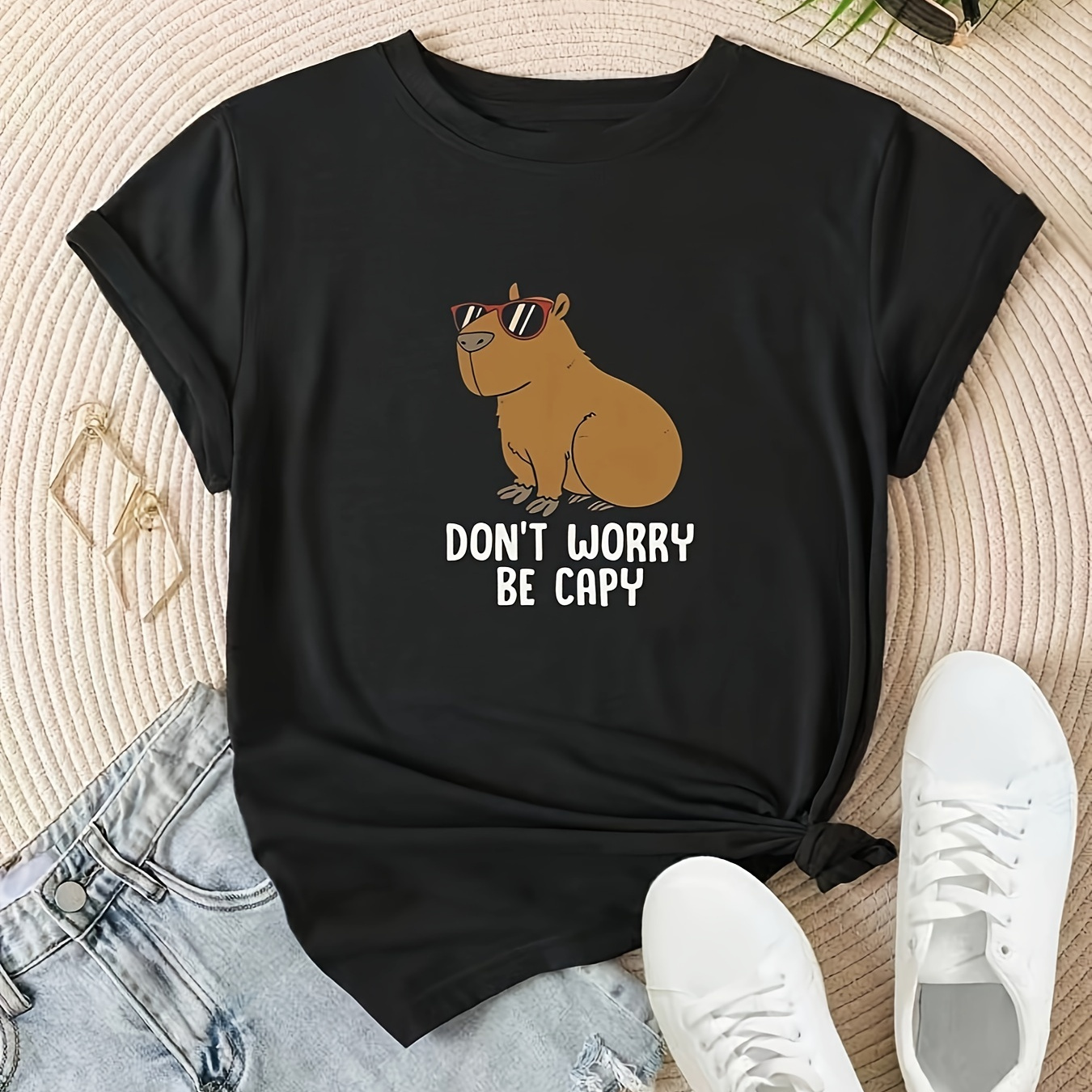 

Capybara Print Crew Neck T-shirt, Casual Short Sleeve Summer Daily Top, Women's Clothing