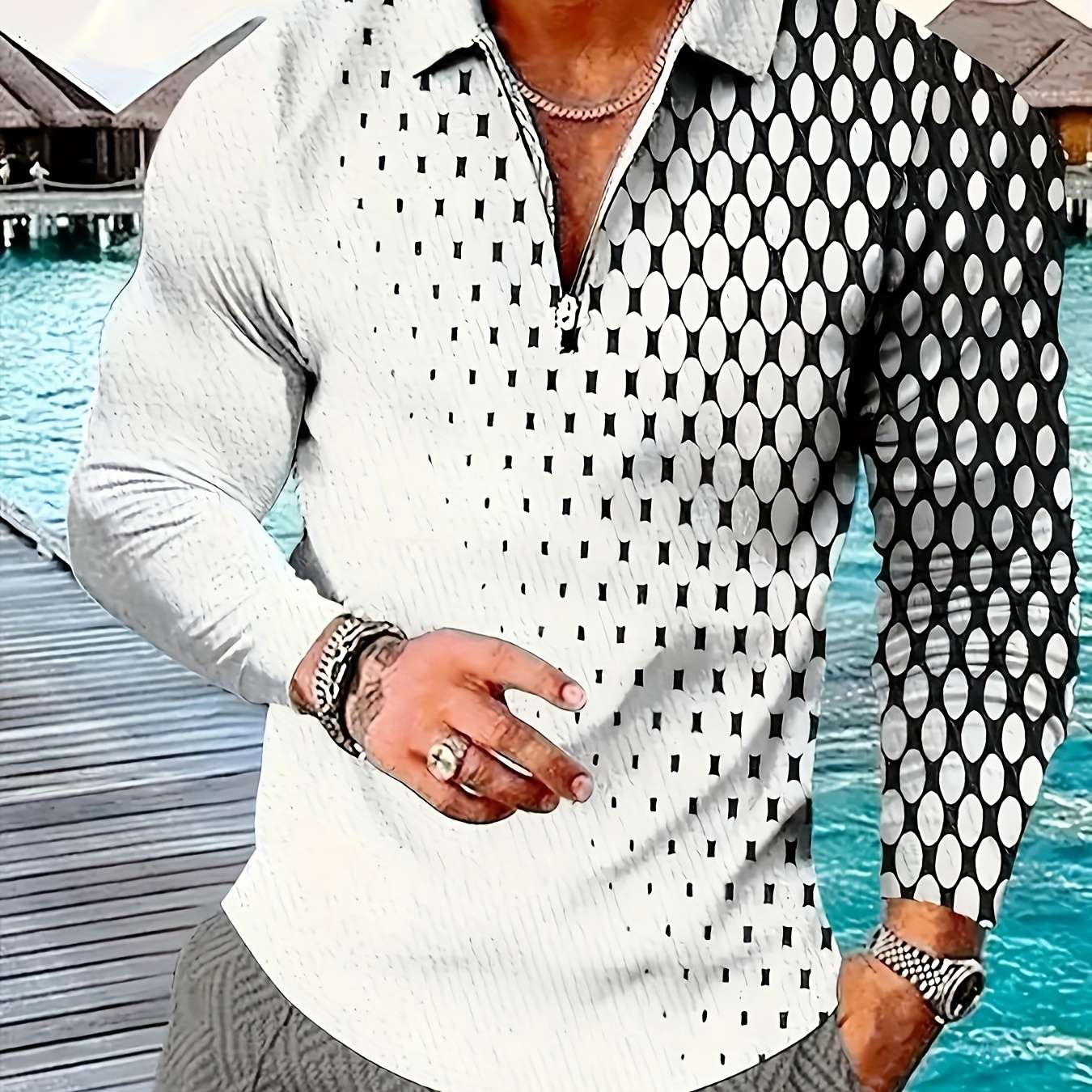 

Color-block Men's All-over Digitally Printed Long-sleeved Roll-neck Shirt, Spring And Autumn Outdoor Men's Comfortable And Fashionable Light Top