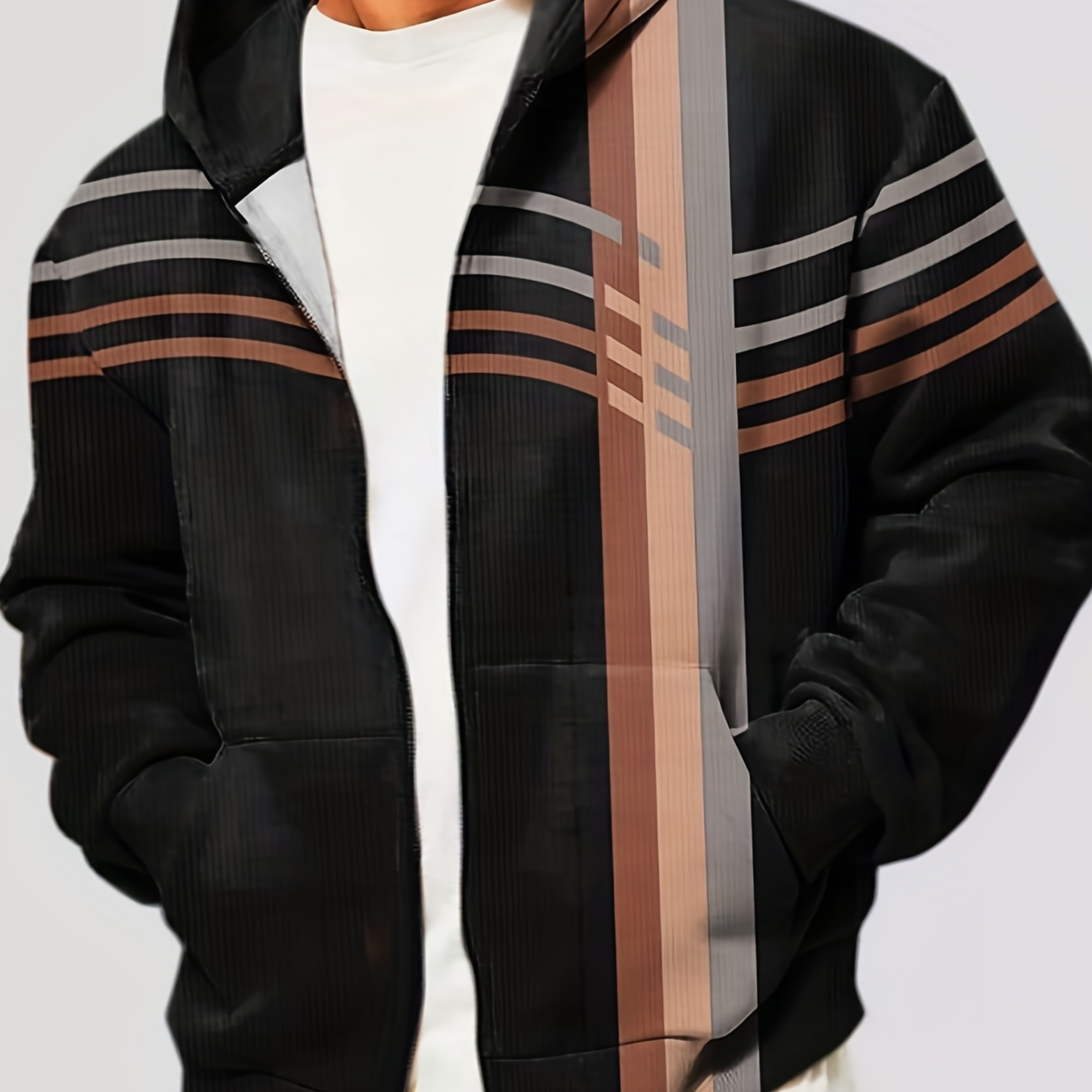 

Plus Size Men's Striped Hooded Jacket Oversized Hoodie With Zipper For Autumn/winter, Men's Clothing