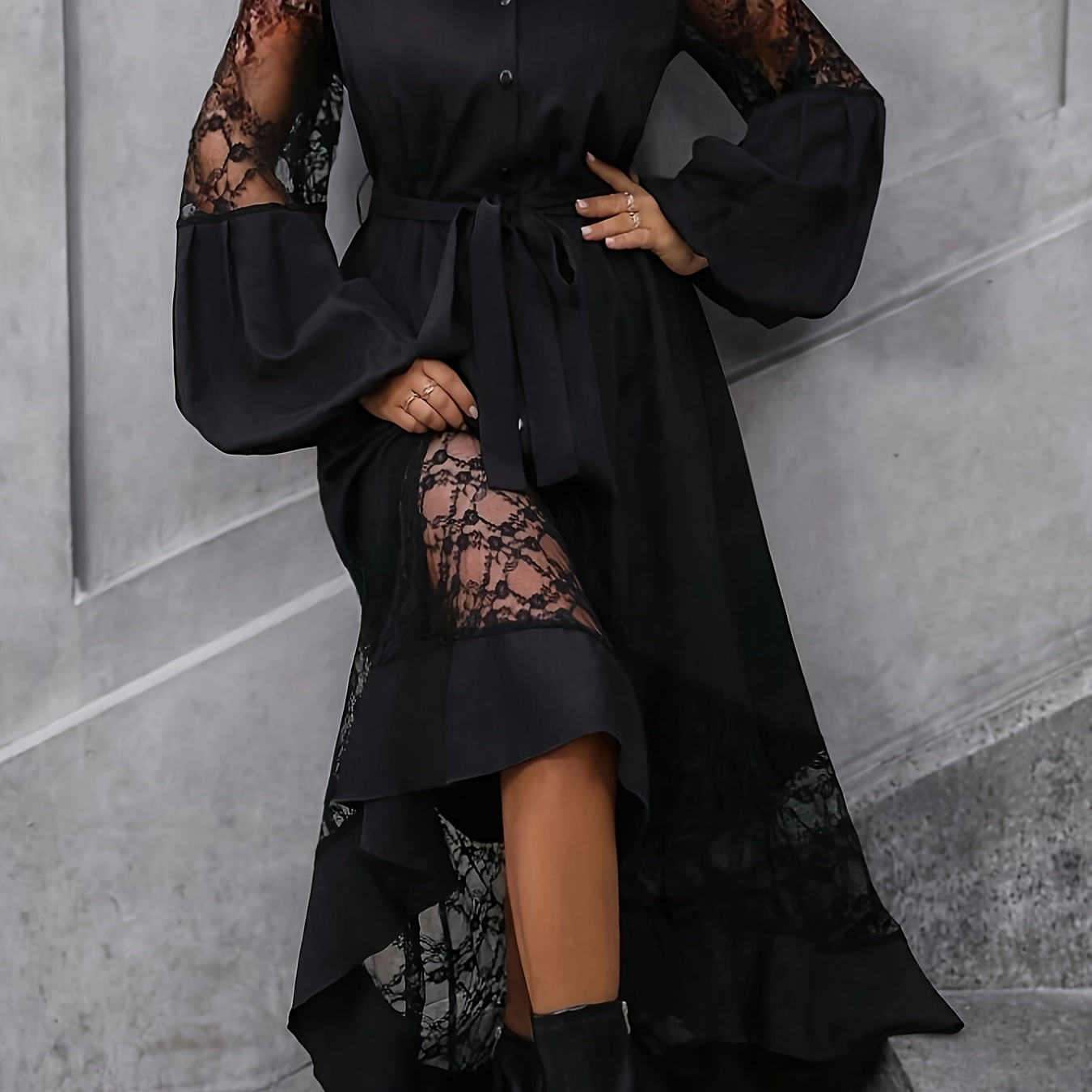 

Elegant Women's V-neck Button-up Dress With Lace Lantern Sleeves And Asymmetrical Hem - 95% Polyester, 5% Elastane Peplum Dress For All Seasons