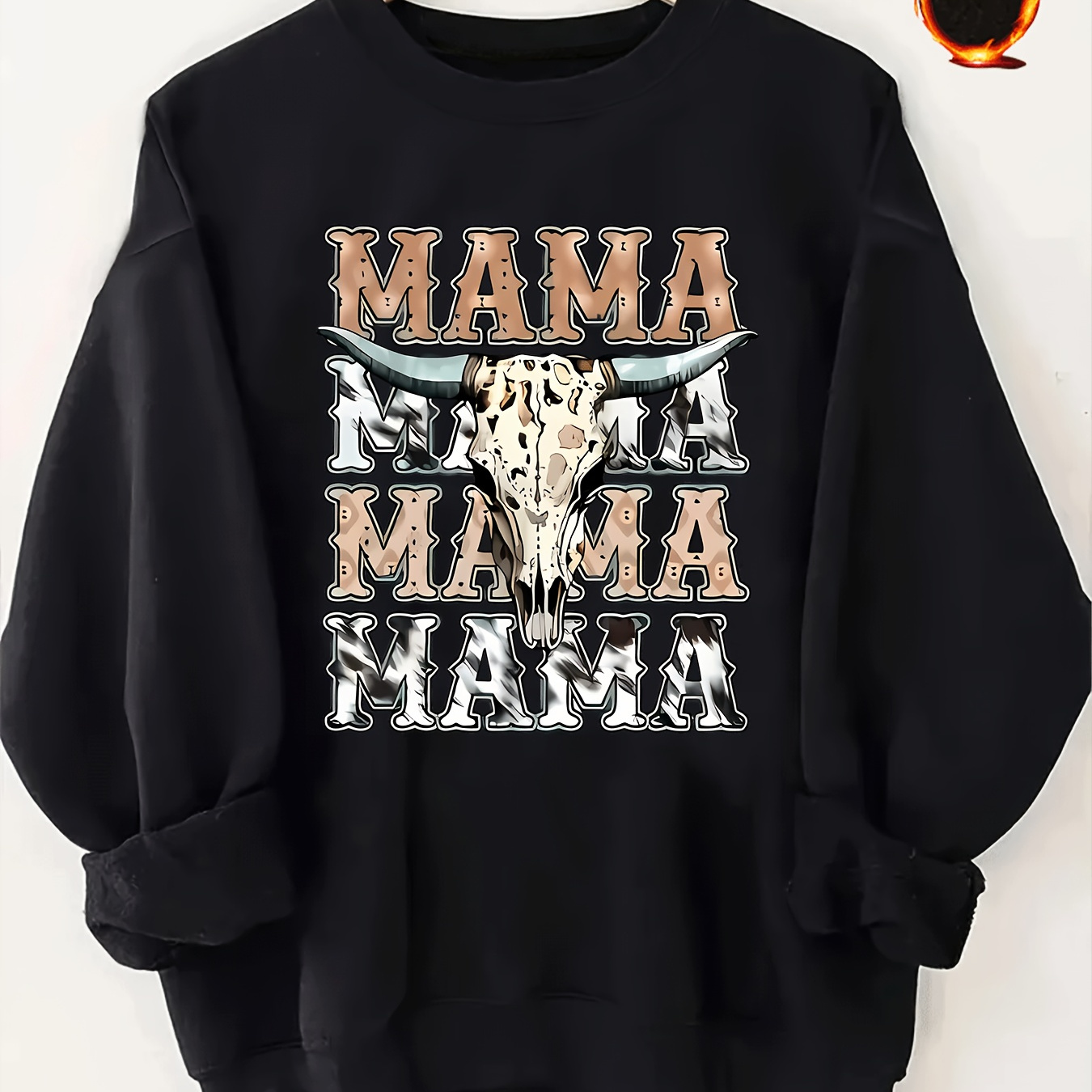 

Cozy Fleece-lined Women's Sweatshirt With Cow Skull & Mama Print - Casual Crew Neck Pullover In Black, Pink, Burgundy, Grey, Apricot