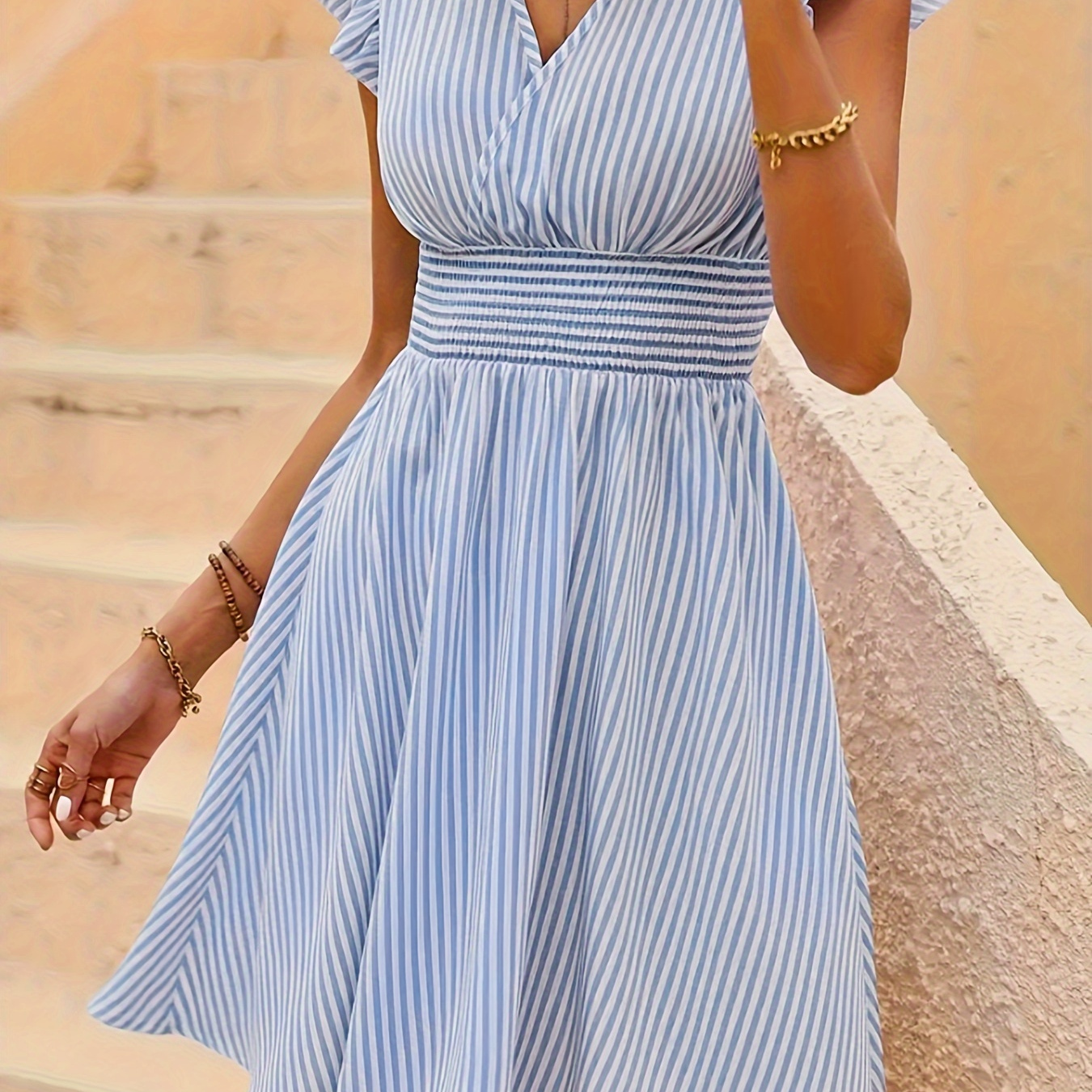 

Striped Print Ruffle Trim Dress, Elegant V-neck Aline Dress For Spring & Summer, Women's Clothing