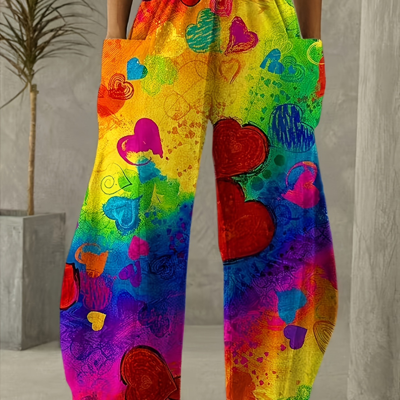 

Heart Print Wide Leg Pants, 100% Polyester, Casual Woven Trousers With Pockets, Fashion For Adults, 130g/m² Fabric Weight - Style 0308