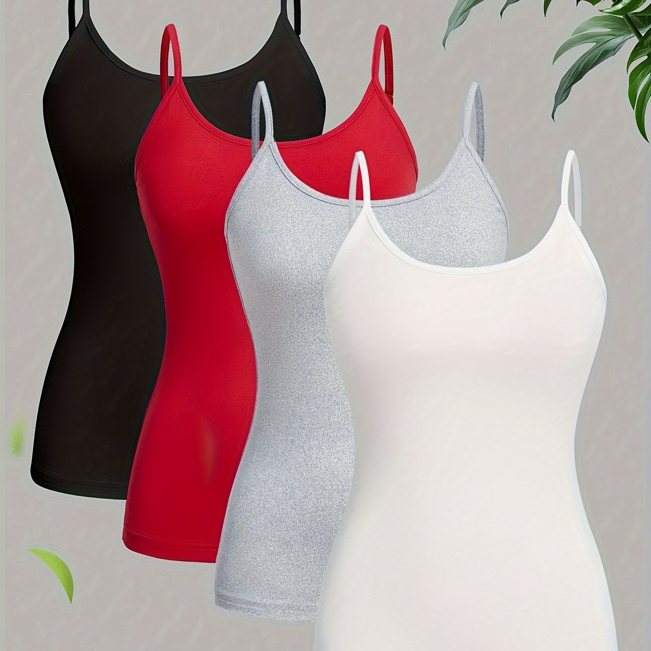 

Solid Cami Top 4 Pack, Versatile Crew Neck Spaghetti Strap Top For Summer, Women's Clothing