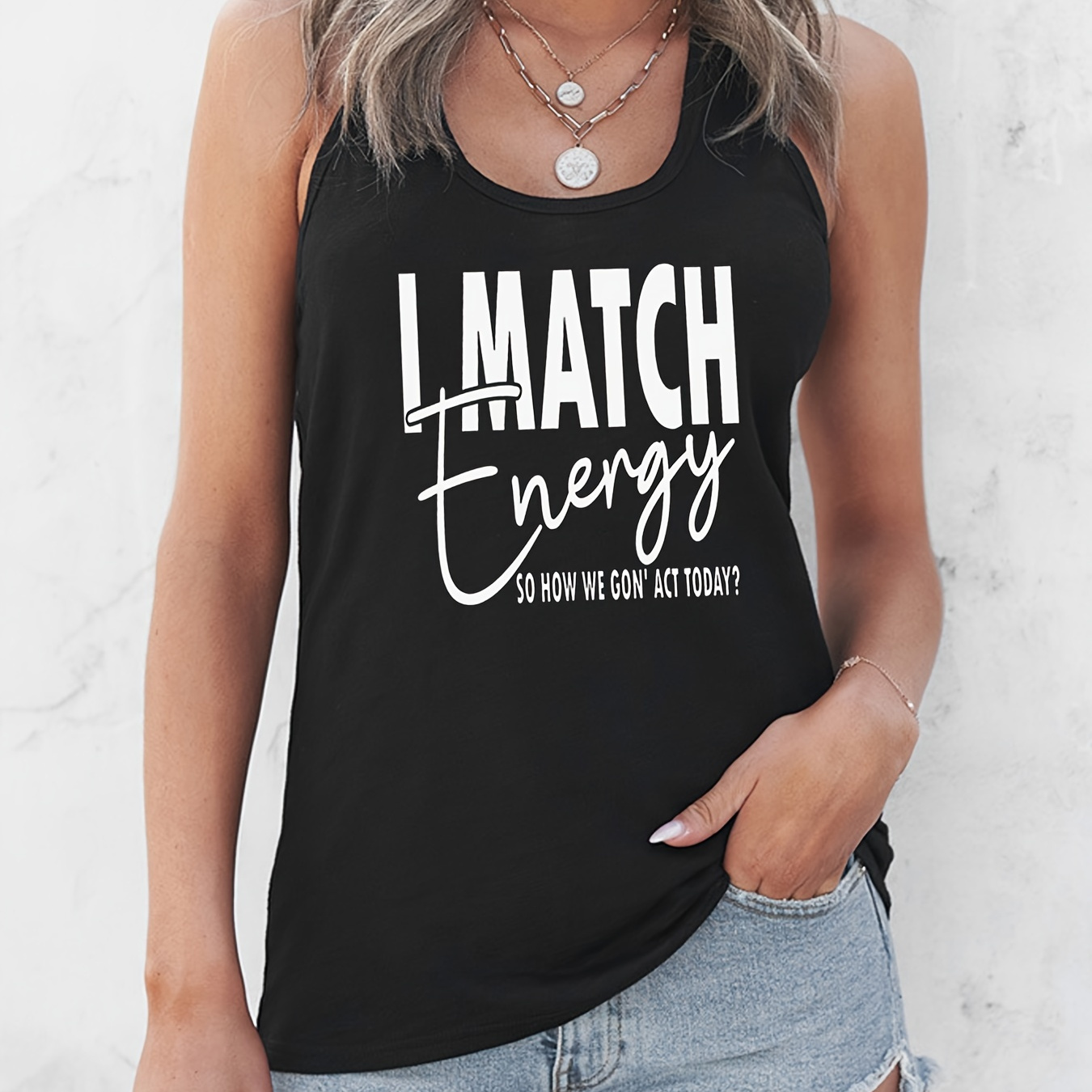 

Women's "i Match Energy" Letter Print Tank Top, Casual Racerback Sleeveless Shirt, Breathable Sports Vest