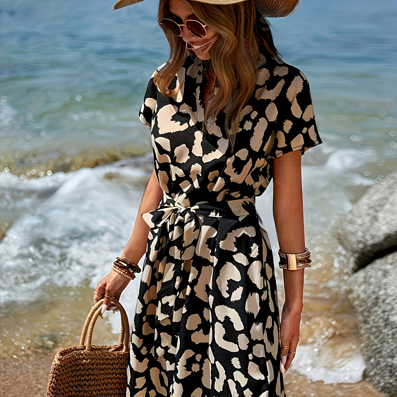 

Robe À Imprimé Intégral À Col En V, Robe Décontractée À Manches Courtes Avec Ceinture Pour Le Printemps Et L'été, Vêtements Pour Femmes