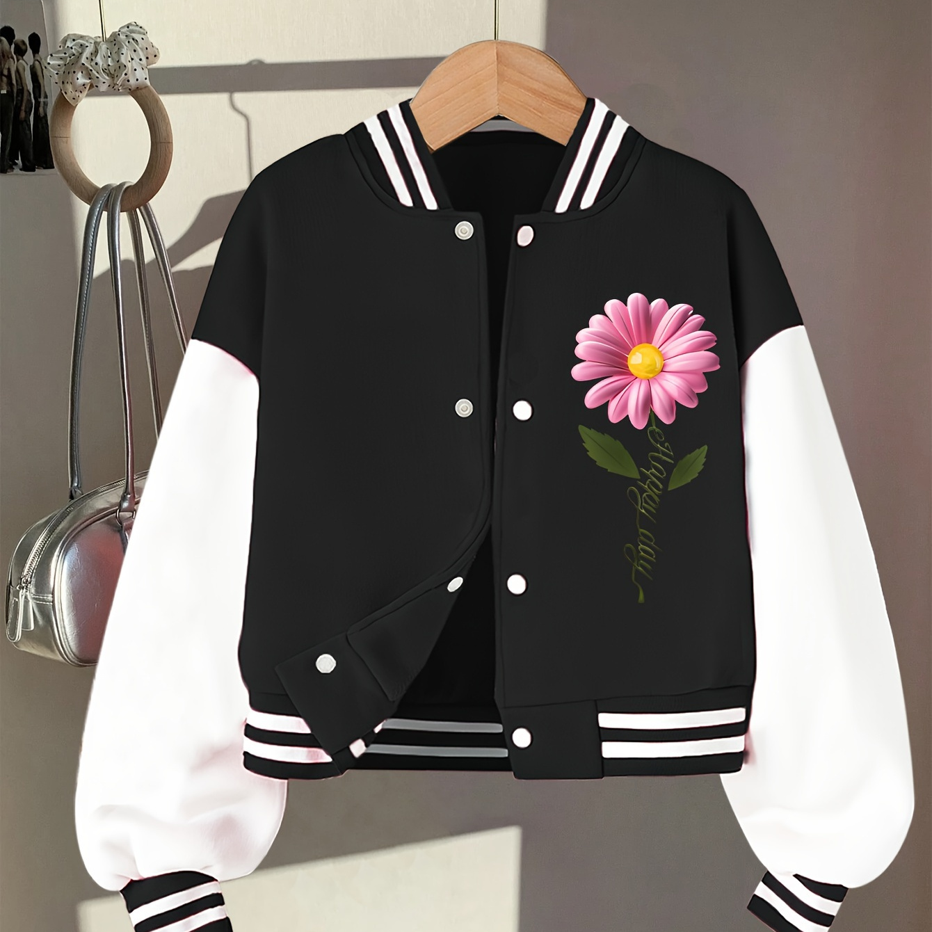 

' Color- Varsity Jacket With 3d Floral Appliqué - Casual Baseball Collar, Machine Washable - Fall/winter