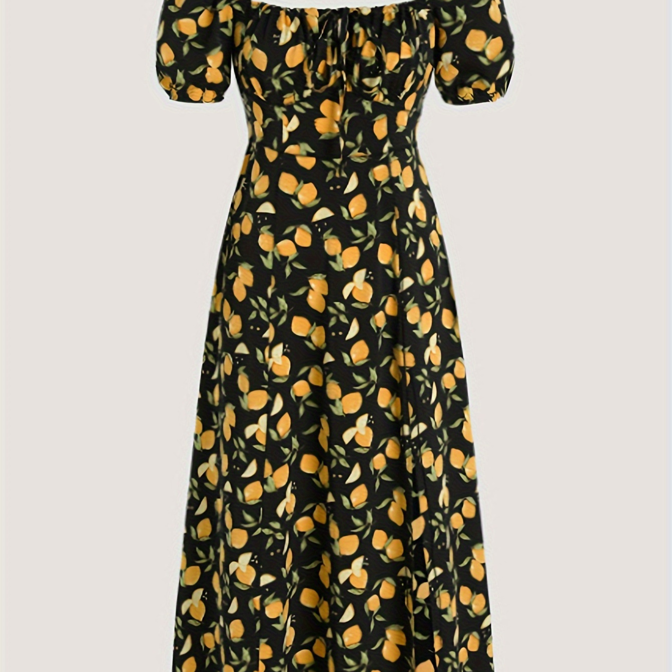 

Lemon Print Square Neck Split Dress, Elegant Short Sleeve Backless Tie Front Dress, Women's Clothing