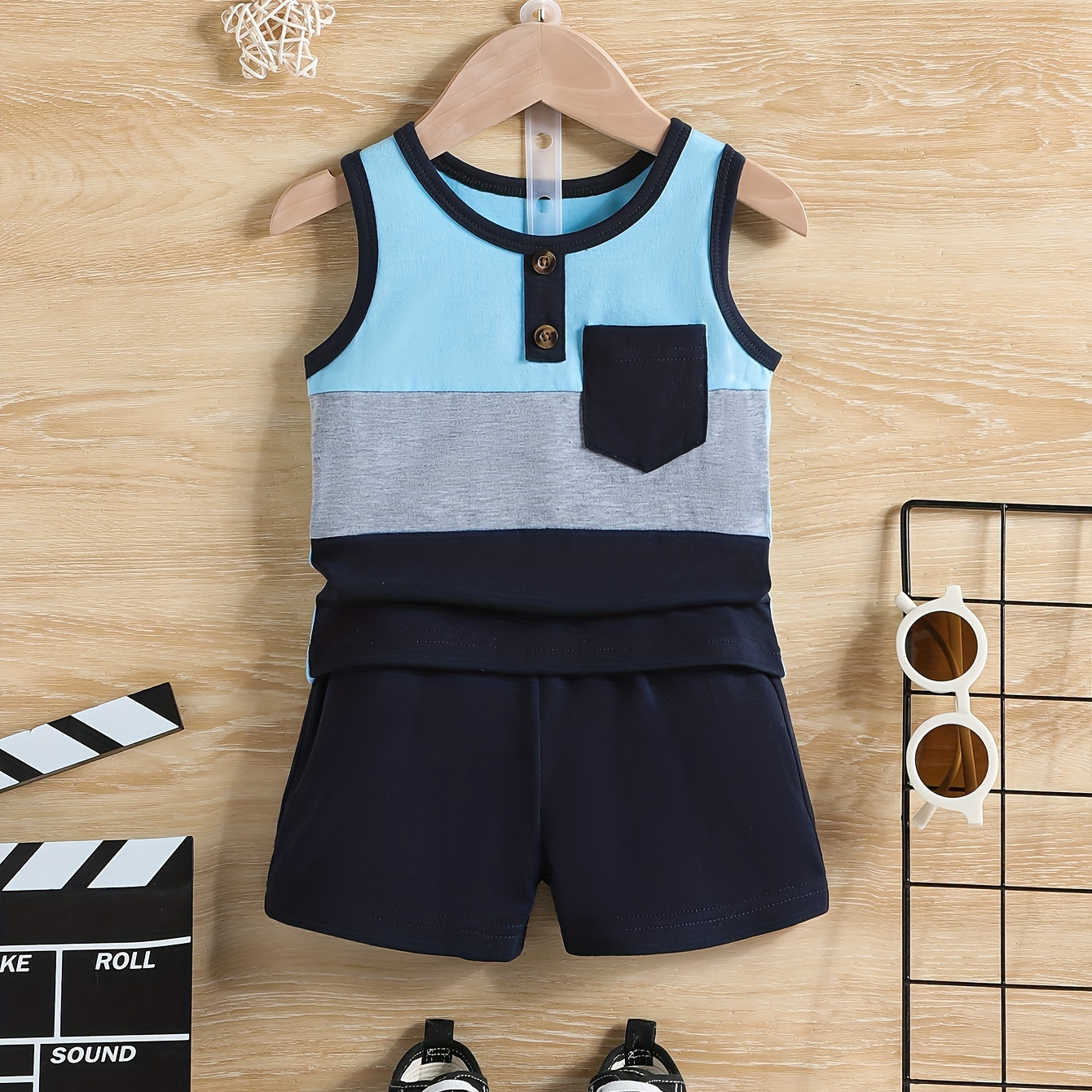 

2pcs Toddler Boys Color Block Summer Set, Tank Top & Casual Shorts, Baby Boy's Clothes