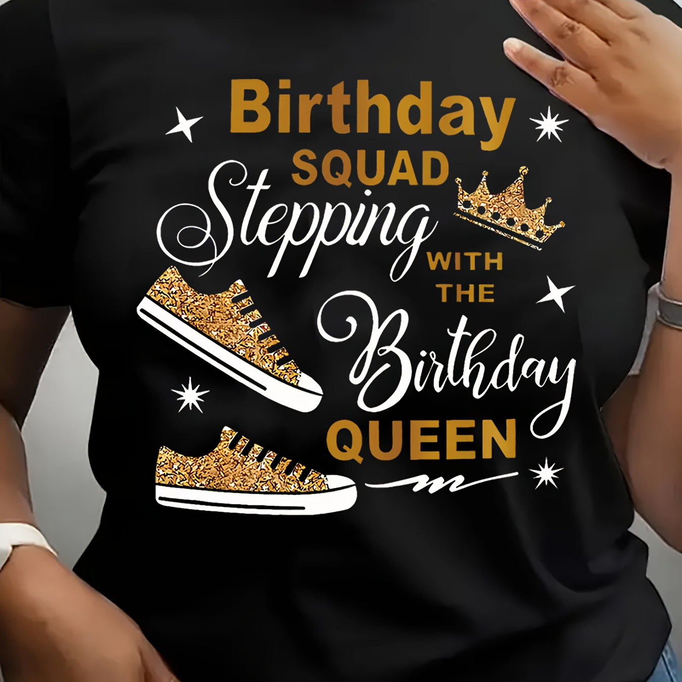 

Birthday Squad Stepping With The Birthday Queen Graphic T-shirt For Women - Casual Polyester Knit Fabric, Round Neck, Comfort, Regular Fit