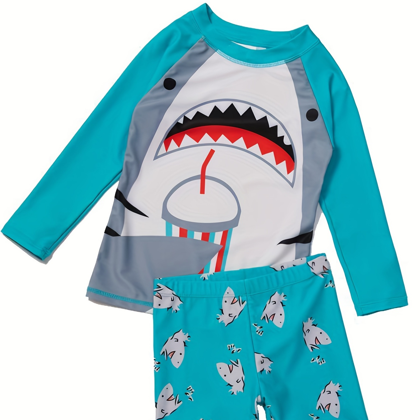 

Super Cool: 2pcs Boys Cartoon Shark Outfit - Long Sleeves Shirt & Graphic Elastic Waist Shorts