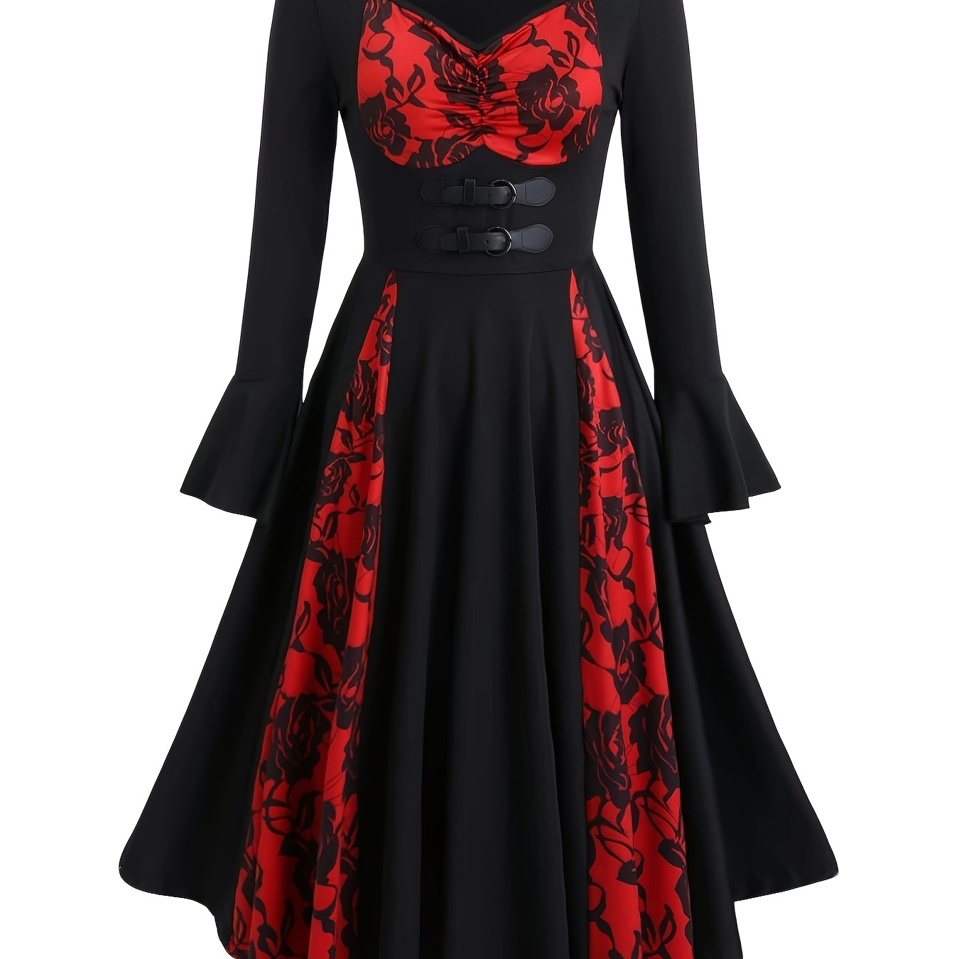 

1pc Vintage Gothic Style Women's Long Sleeve Dress, V-neck Design With Rose Pattern, Fitted Knit Polyester Fabric For Spring/fall - Adult