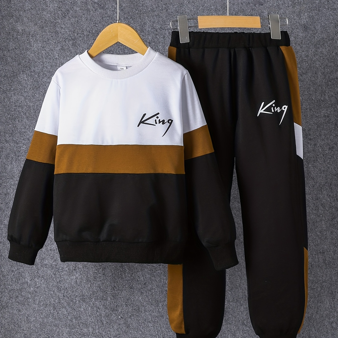 

Boy's Color Clash 2pcs, Sweatshirt & Sweatpants Set, King Print Long Sleeve Top, Casual Outfits, Kids Clothes For Spring Fall