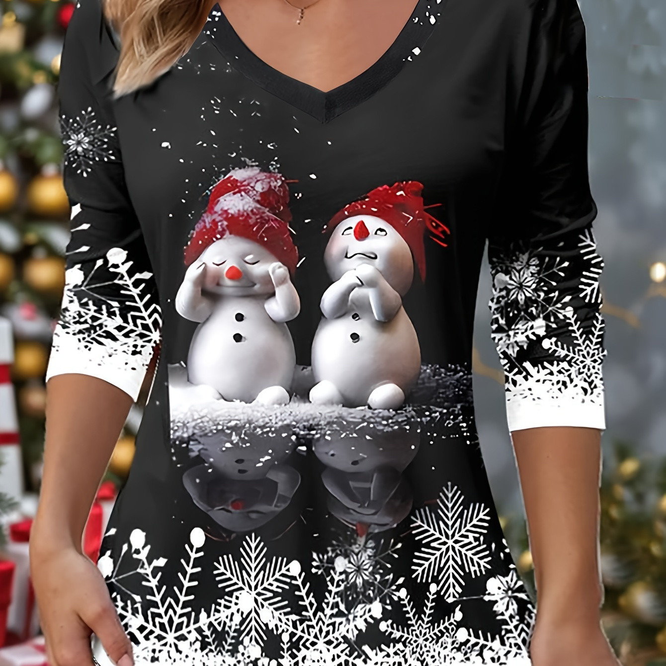 

Plus Size Snowman Print V-neck T-shirt, Casual Long Sleeve Top For Spring & Fall, Women's Plus Size Clothing