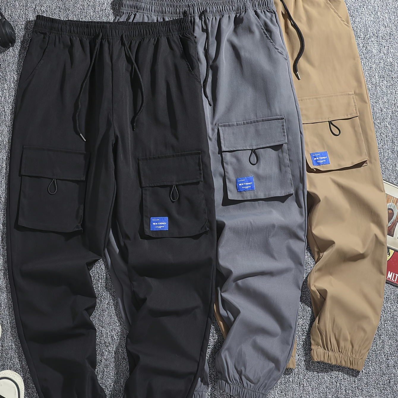 

3pcs Pantalons Cargo Décontractés pour Hommes - Polyester , Design Multi-Poches, Lavable en Machine - pour Toutes les